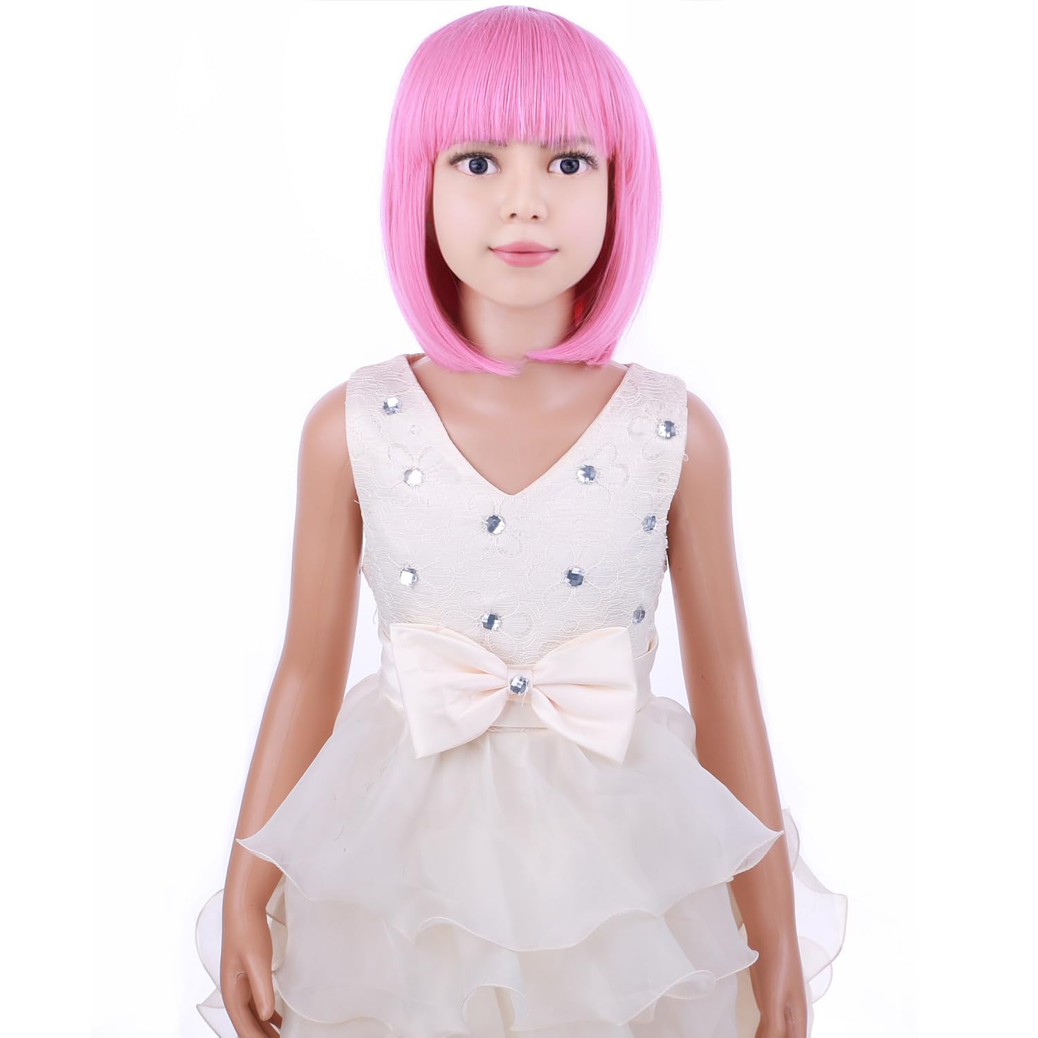 Kids Pink Bob Wig with Bangs - Short Synthetic Wig for Girls with Wig Cap | Perfect for Halloween, Cosplay, Dress-Up & Birthday Parties