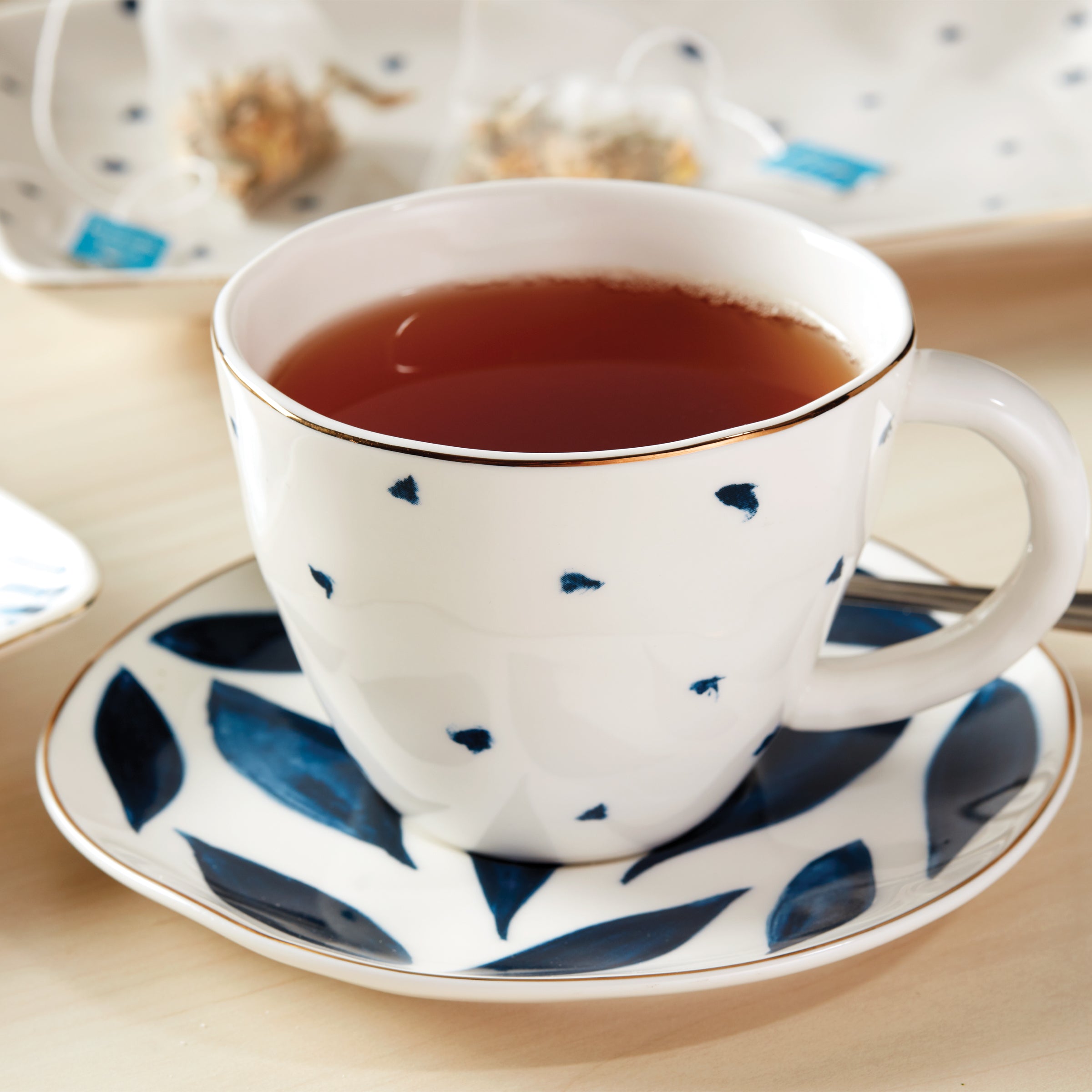 Blue Bay 4-Piece Porcelain Teacup and Saucer Set - Elegant Floral Tea Cups for Afternoon Tea, Bridal Shower & Home Decor