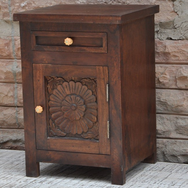 Hand Carved Solid Wood Nightstand with Drawer - Rustic Brown Bedside Table for Bedroom, Living Room & Home Decor - Perfect for Storage & Organization