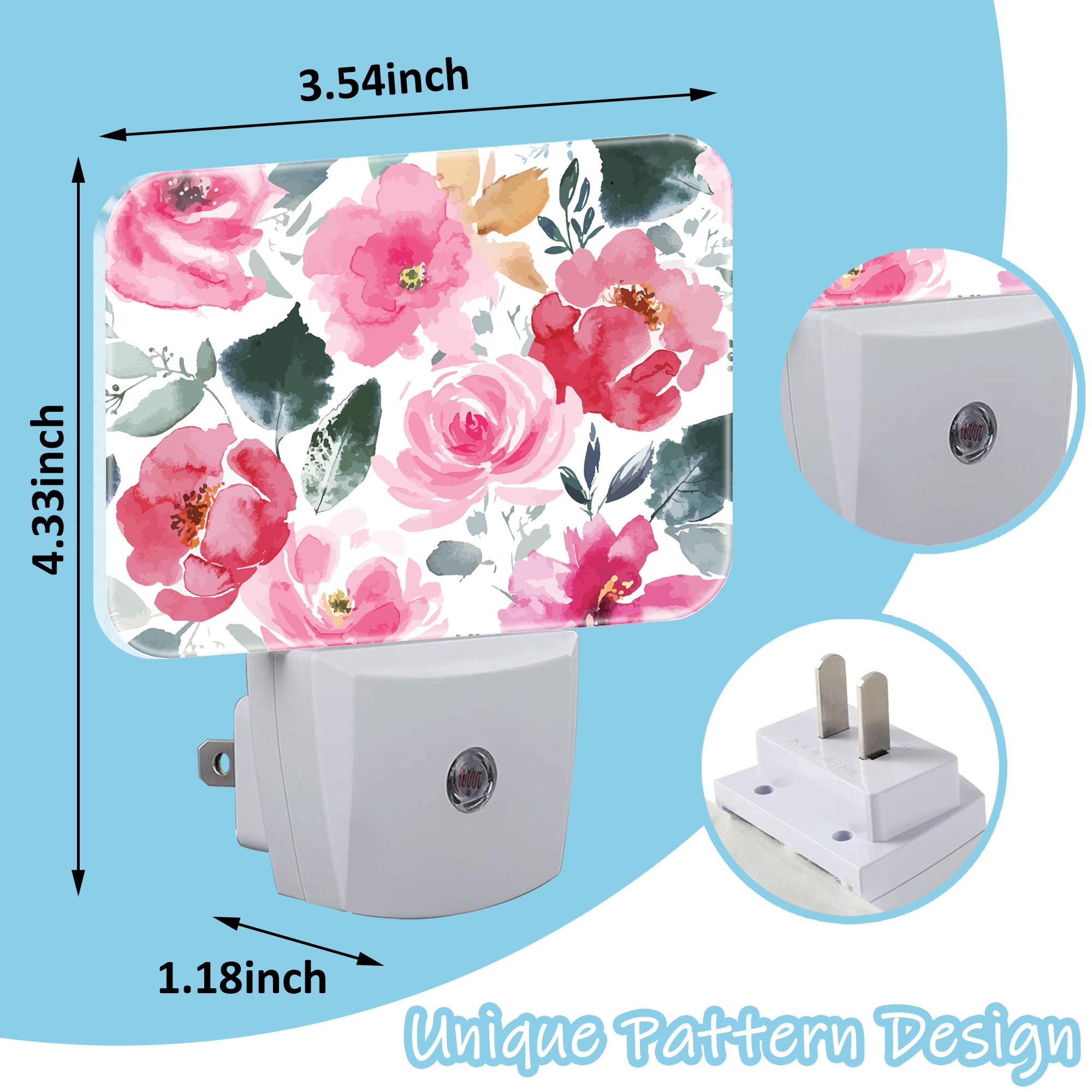 Pink Floral Night Light Plug-in Wall Lamp with Dusk to Dawn Sensor - LED Decorative Night Light for Bedroom, Kitchen, Hallway & Stairs - Perfect for Kids Room, Nursery, Bathroom & Home Decor