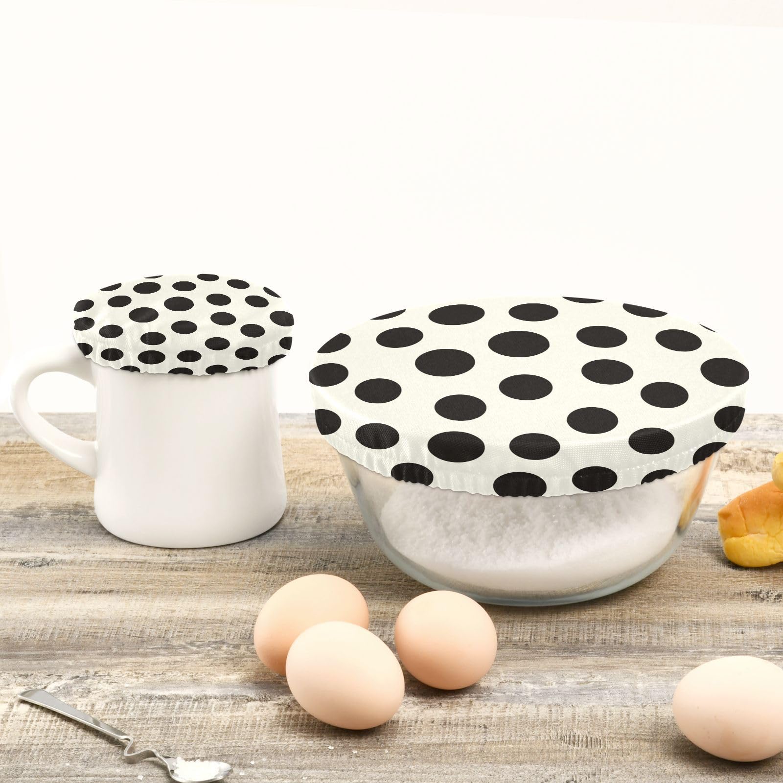 5-Pack Reusable Elastic Bowl Covers - Stretchable Fabric Food Storage Lids for Kitchen (5 Sizes, Black & White Dots) - Perfect for Fruits, Dough, Leftovers, Bread Proofing & Meal Prep