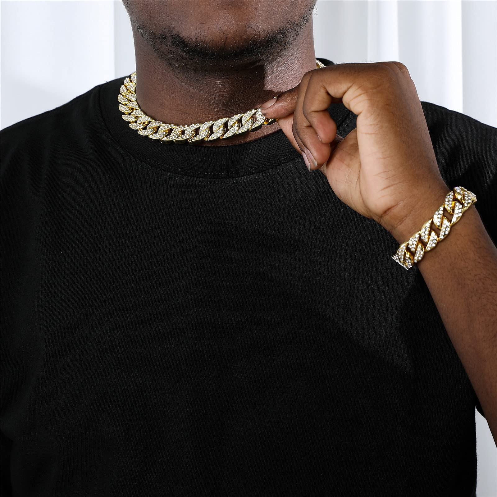 Saintda Cuban Link Chain & Bracelet Set for Men & Women | Iced Out Diamond Hip Hop Jewelry | Gift for Boys, Rappers & Fashion Lovers | Perfect for Parties, Concerts & Streetwear Outfits