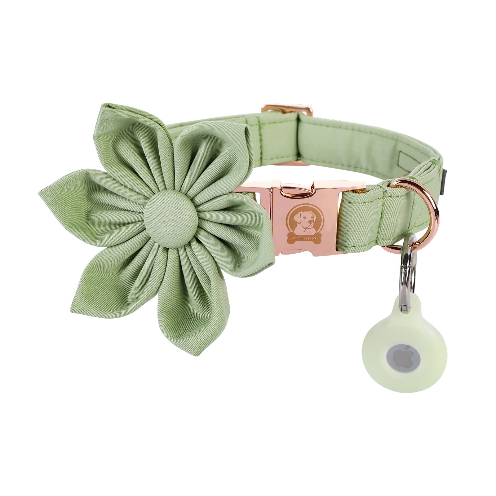 Mr.Chubbyface Solid Dog Collar with Flower & AirTag Holder - Fashionable Pet Collar for Small Medium Large Dogs (Male/Female) - Perfect for Spring Summer Outdoors, Walks & Pet Photos