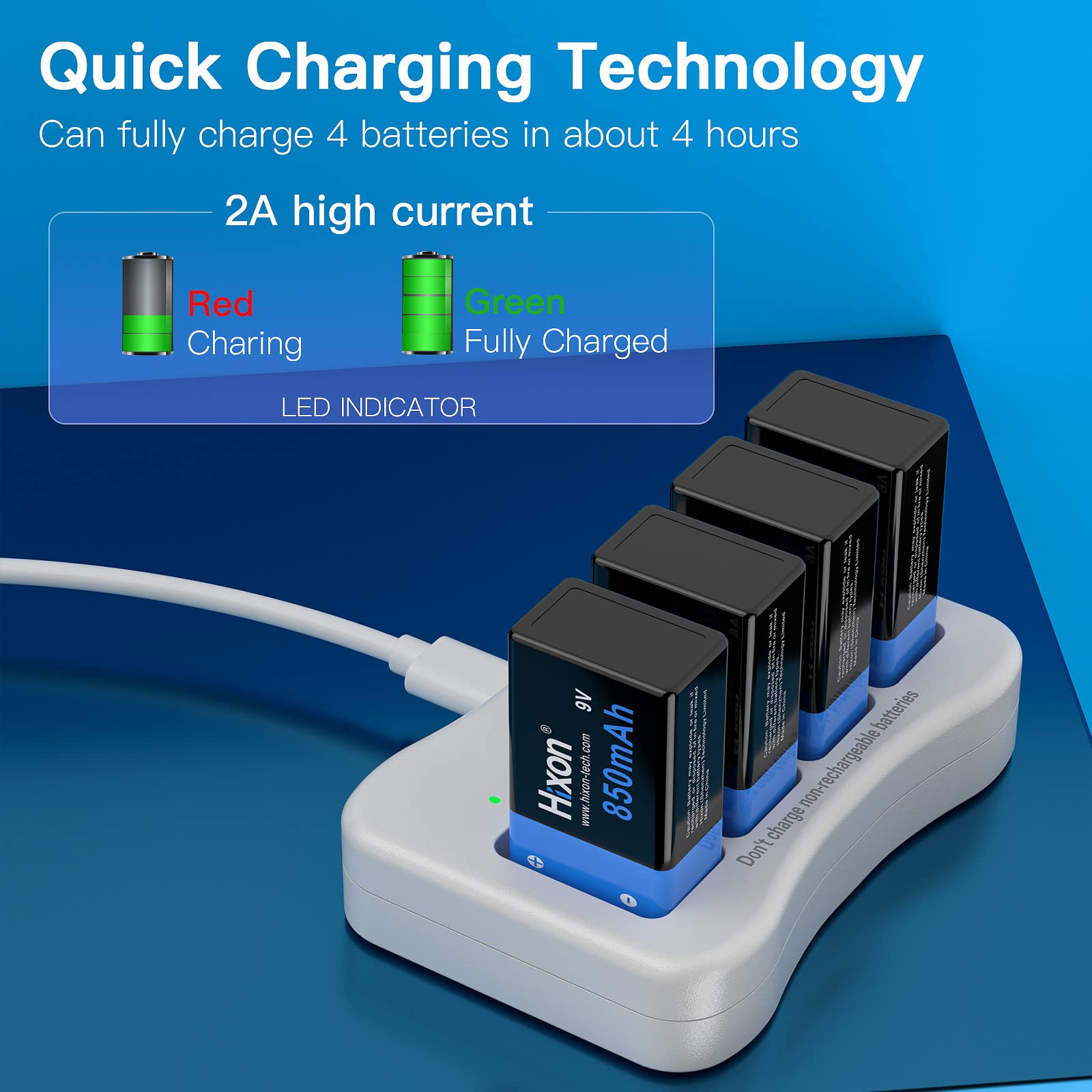 9V Rechargeable Lithium Batteries 4-Pack with Charger Kit - 850mAh High Capacity for Smoke Detectors, Wireless Microphones, Toys, Flashlights - Long Lasting Power for Home & Office Safety Devices