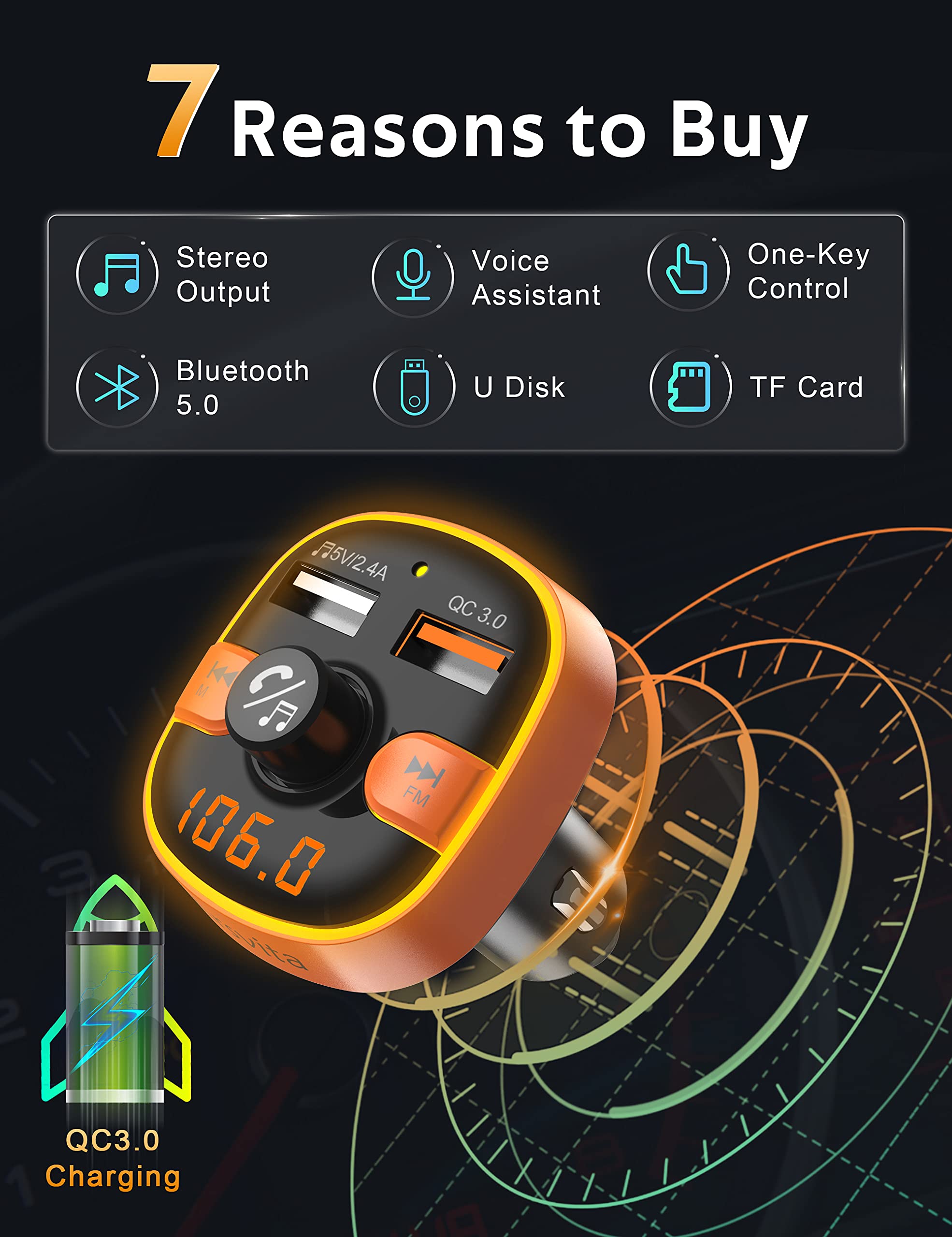 Upgraded Arsvita Bluetooth FM Transmitter - QC3.0 Fast Charger & Hi-Fi Sound for Car Audio & Hands-Free Calling (Orange)
