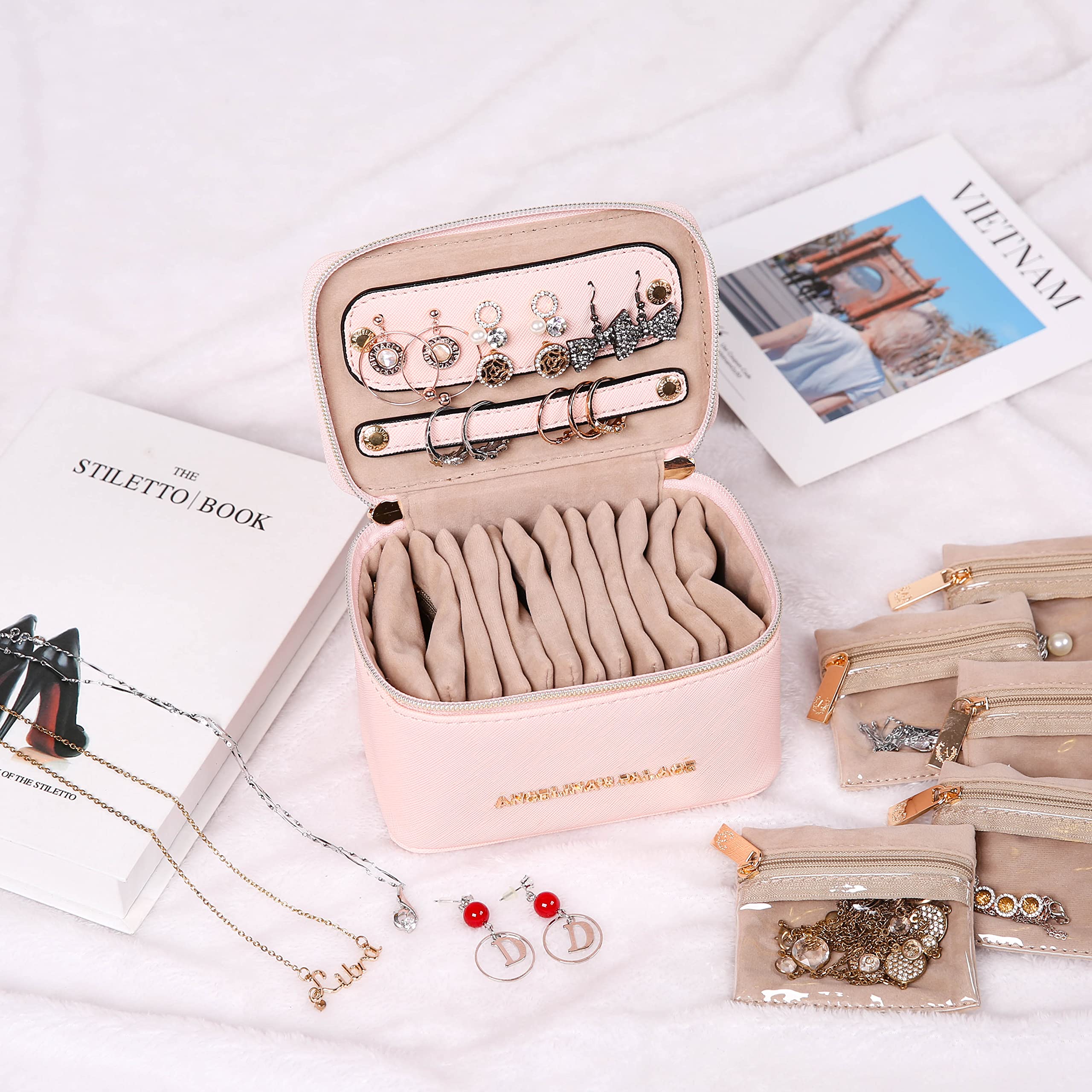 Angelina's Palace Jewelry Organizer Travel Case - Vegan Leather Storage Box for Necklace, Earrings, Bracelet & Ring - Bridesmaid Gift Idea (Soft Pink) | Perfect for Travel, Home Organization & Wedding Accessories