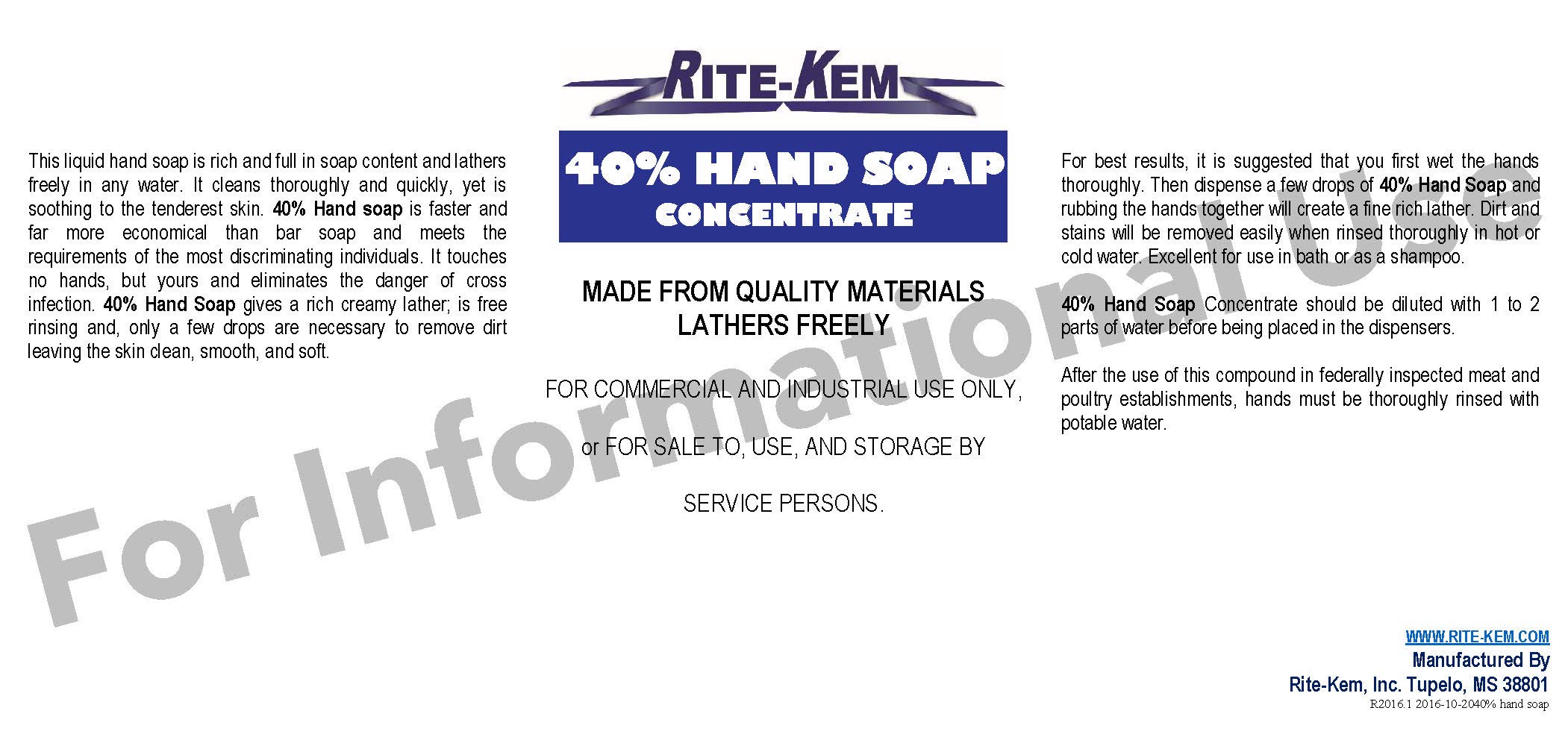 Rite-Kem 40% Antibacterial Hand Soap - Gentle Moisturizing Formula for Daily Use at Home, Office, and Public Spaces