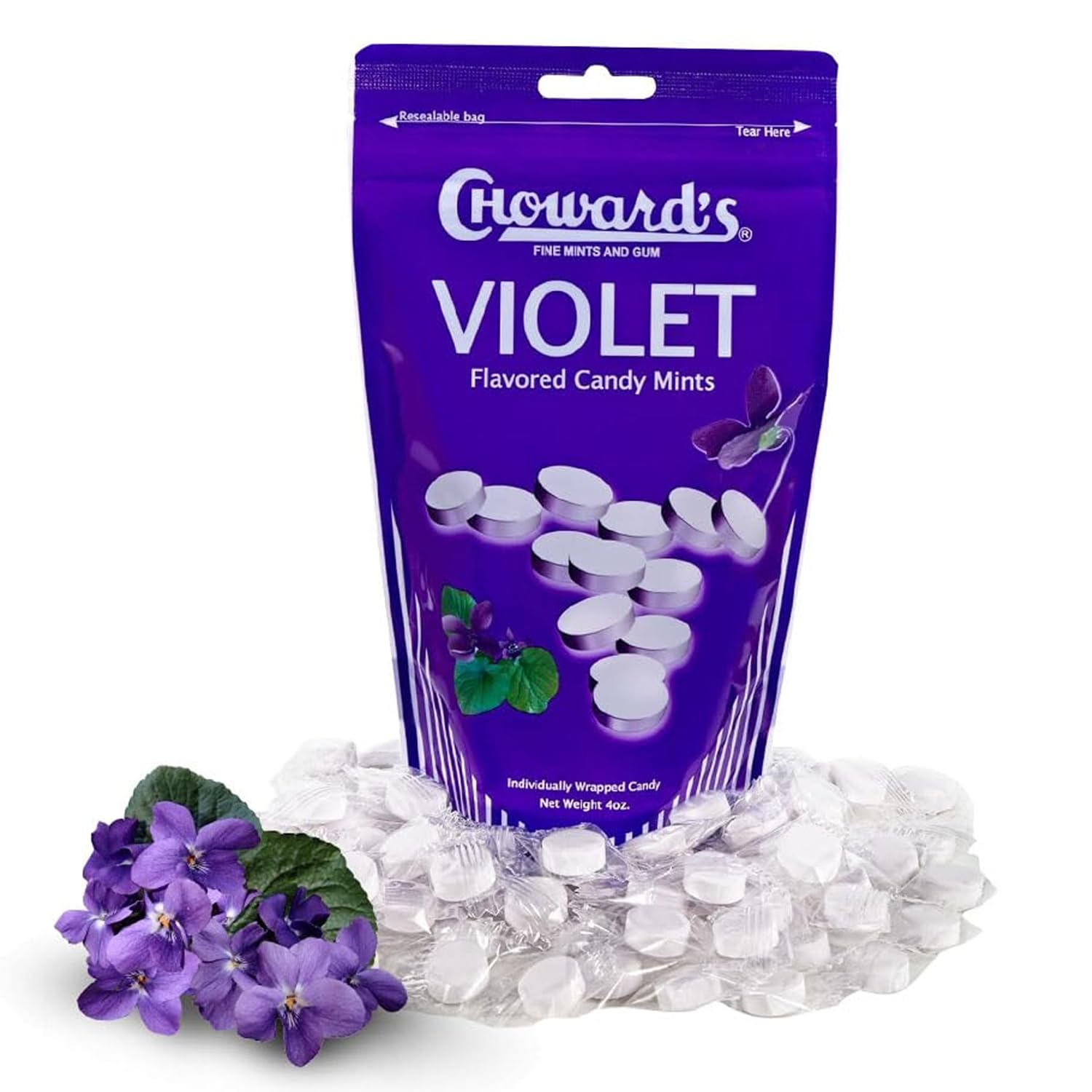 Choward's Violet Mints Candy - 4oz Resealable Bag (64 Individually Wrapped) | Bold Floral Aroma & Refreshing Taste | Vintage Style Hard Candies | Perfect for Travel, Office, Parties & Gift Giving | Long-Lasting Freshness | Great for Breath Freshener & After-Meal Treat