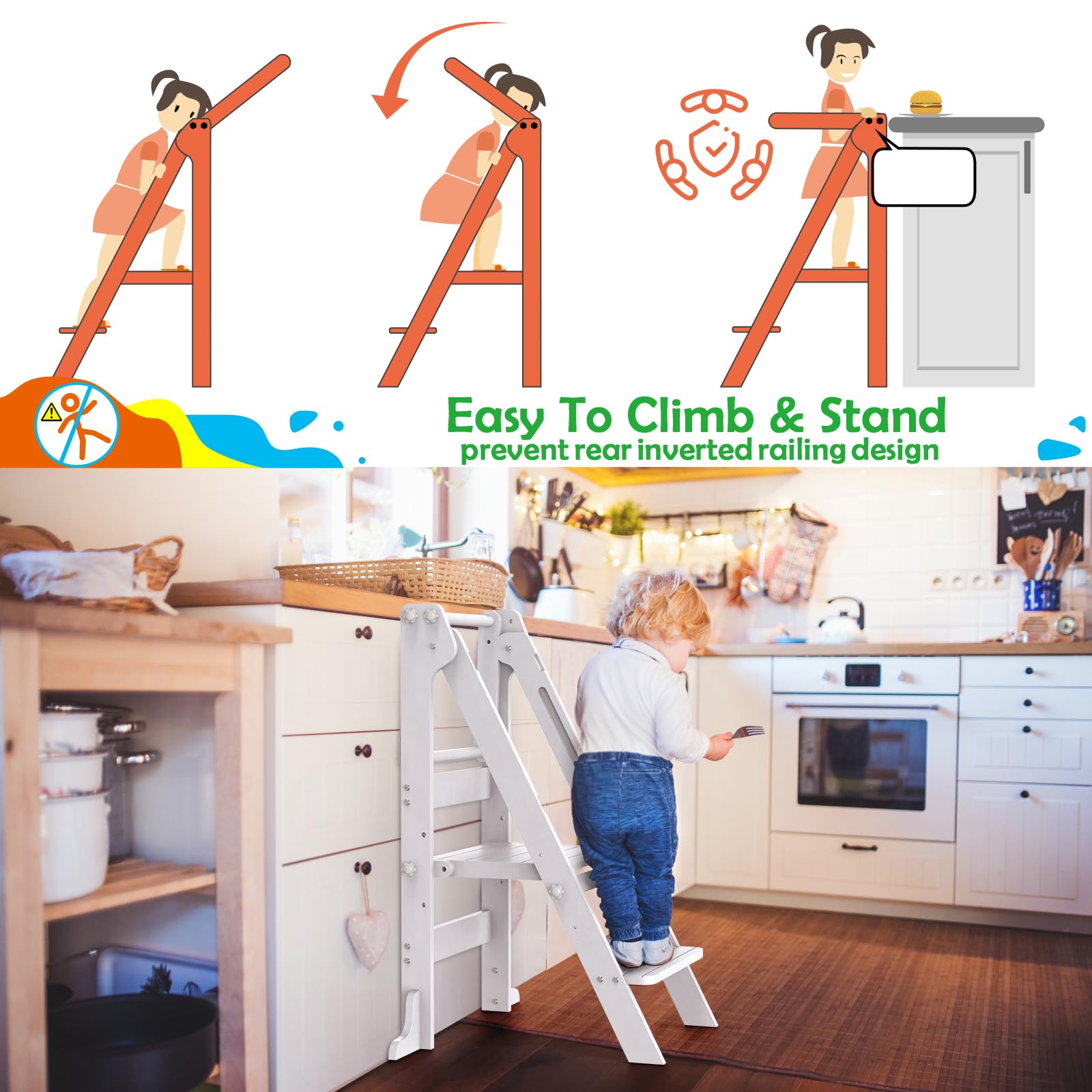 Foldable Toddler Tower with 3 Adjustable Heights & Double-Sided Drawing Board - Montessori Kitchen Step Stool with Safety Rail - Learning Stool for Kids - Standing Helper for Counter, Bathroom Sink (White) - Perfect for Cooking, Bathing & Creative Play