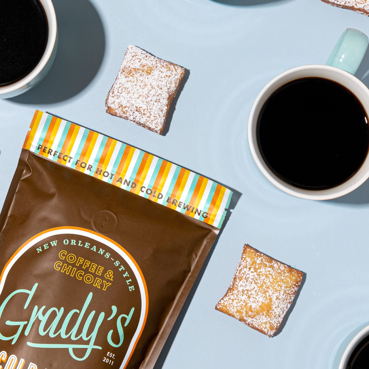 GRADY’S COLD BREW Coffee | New Orleans Style 100% Arabica Medium Dark Roast Coffee & Chicory | Ground for Hot & Iced Coffee | 1lb Bag | Perfect for Home Brewing, Office Use & Gifts