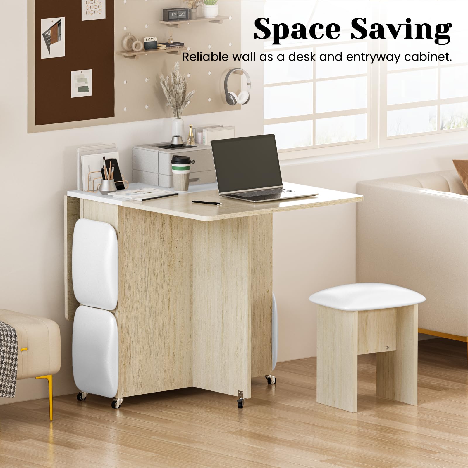 Space Saving Folding Dining Table Set for 4 with 4 Leather Chairs & Storage Shelves | Foldable Kitchen Table with 6 Wheels for Small Apartments | Perfect for Compact Homes, Studio Apartments & Tiny Houses (Beige)