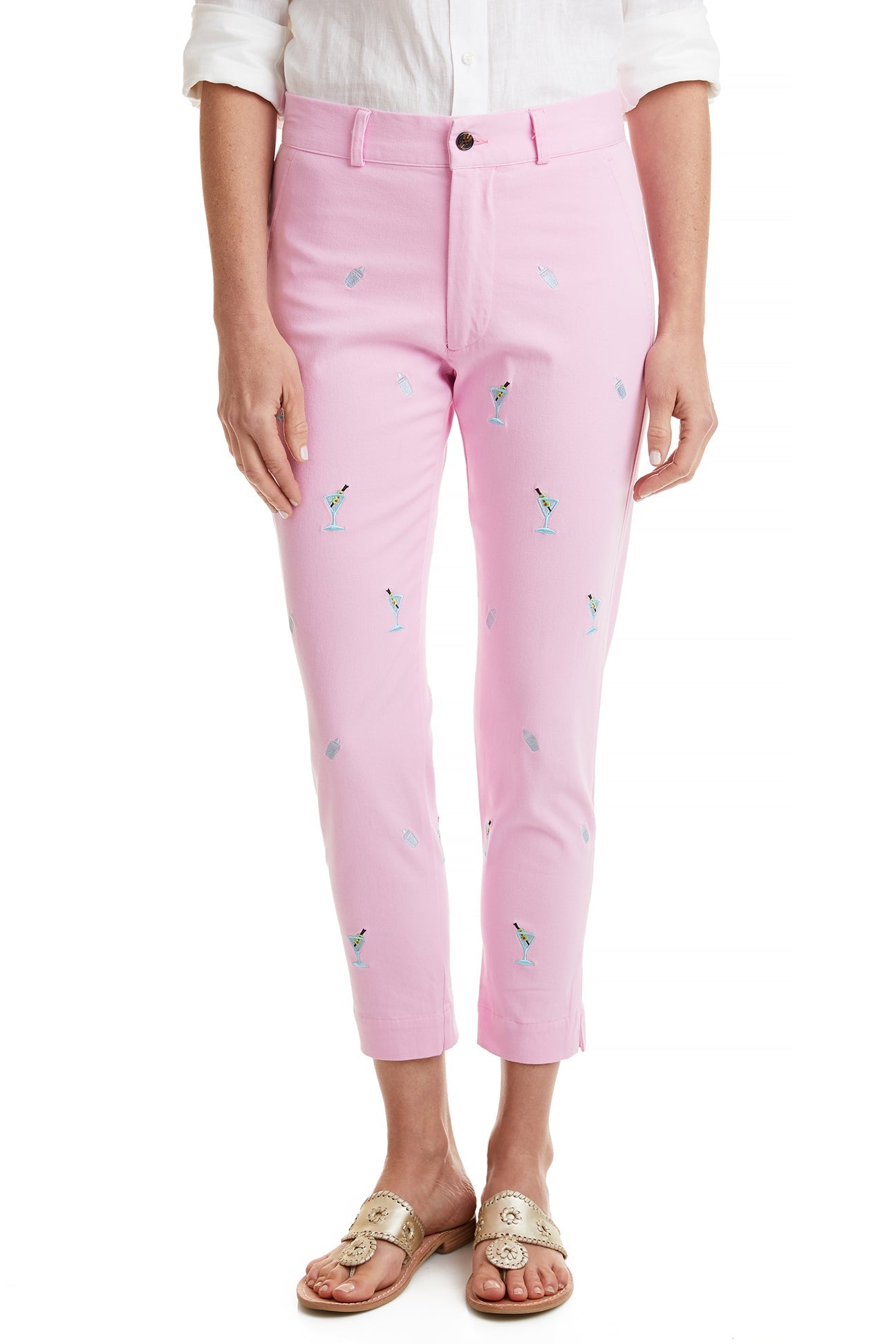 Stretchy Pink Twill Ankle Capri Pants with Martini & Cocktail Shaker Print - Perfect for Summer Outings, Cocktail Parties & Casual Wear