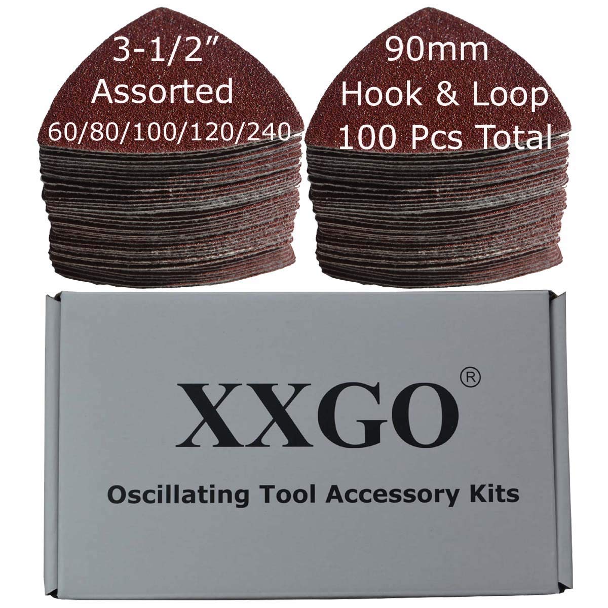 XXGO 100-Piece 3.5-Inch 90mm Triangular Sandpaper Set - 60/80/100/120/240 Grits Hook & Loop Multi-Tool Sanding Discs for Wood, Metal & Paint - Compatible with 3.5