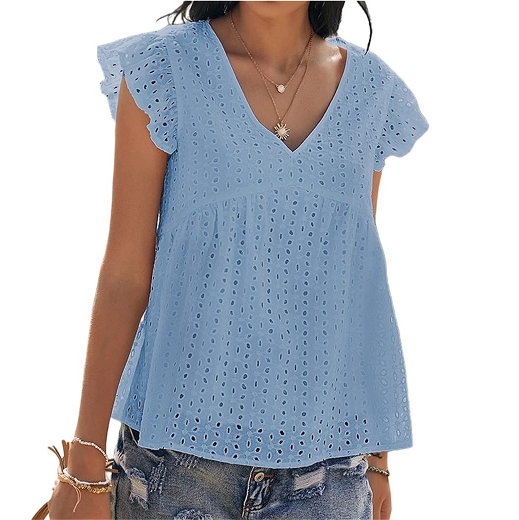 Fronage Women's Summer Sleeveless Casual Top - Breathable Hollow Out Round Neck Flowy Swing Cute Babydoll Peplum Blouse for Beach, Vacation & Daily Wear