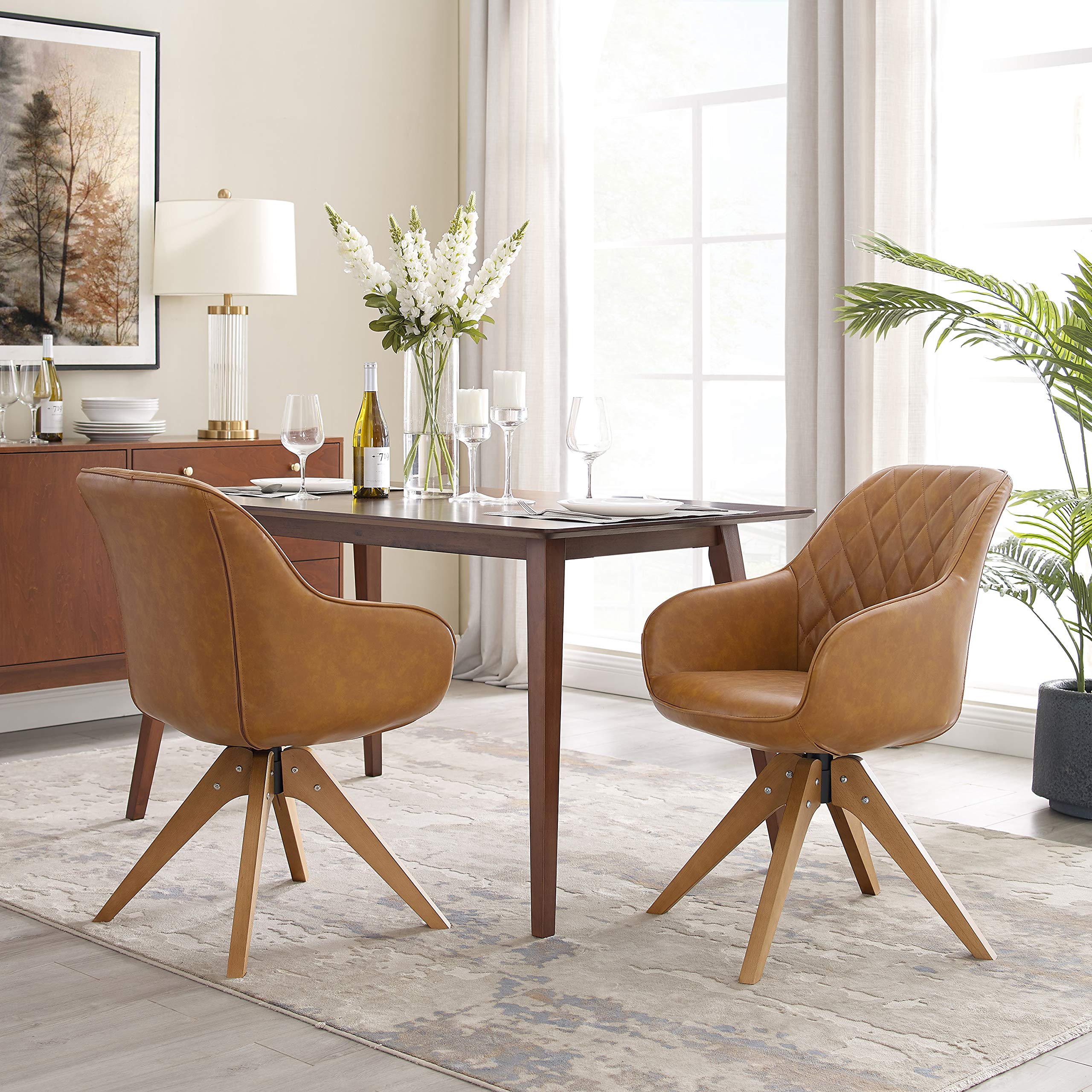 Art Leon Set of 2 Mid Century Modern Dining Chairs - Faux Leather Upholstered Swivel Chairs with Wooden Legs, Armchairs for Dining Room & Living Room - Clay Bank Color - Perfect for Home Decor, Entertaining & Relaxation