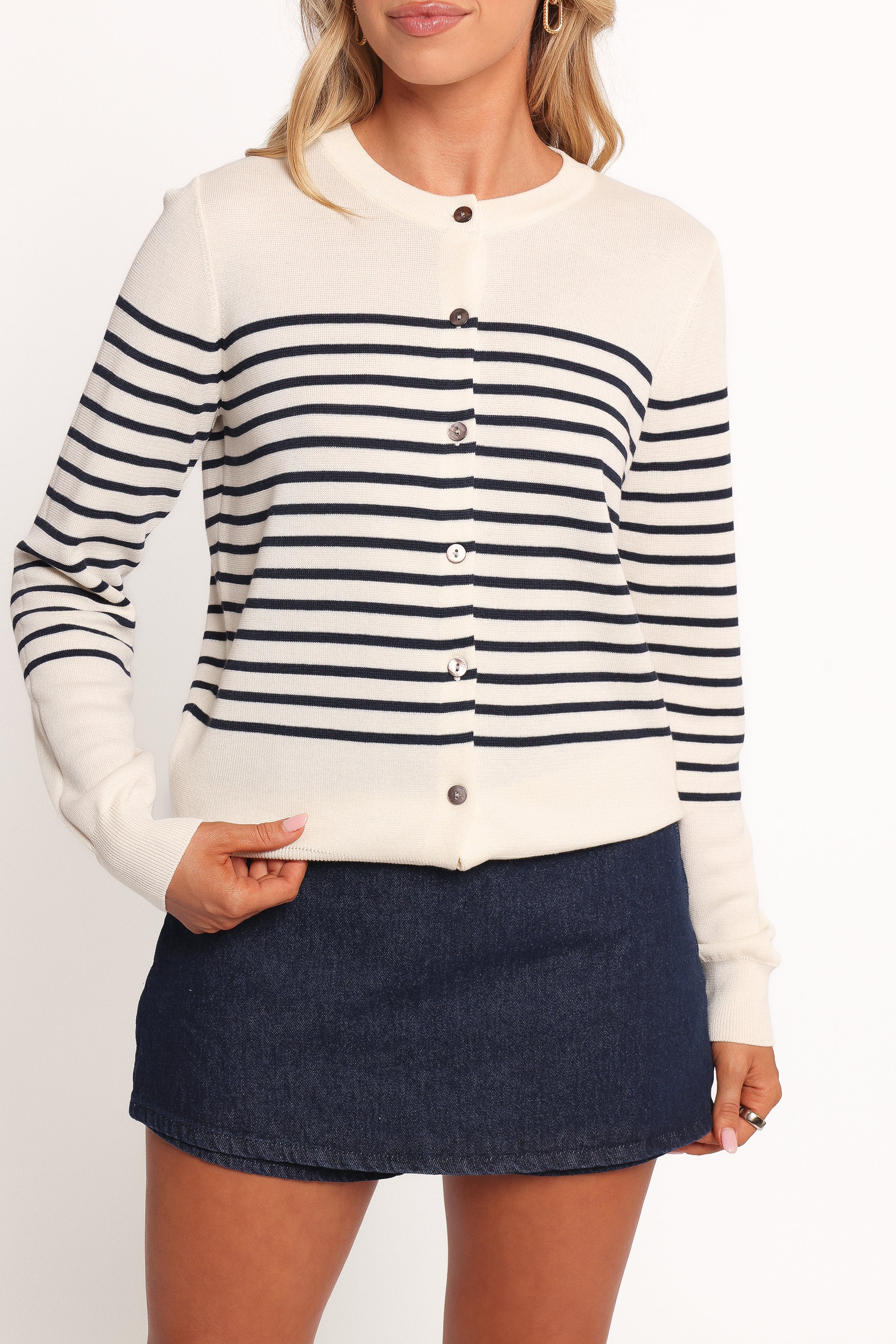 Gavi Button Front Striped Cardigan for Women - Soft Knit Long Sleeve Open Front Sweater - Off White & Navy Stripes - Perfect for Office, Casual Outfits and Fall Layering