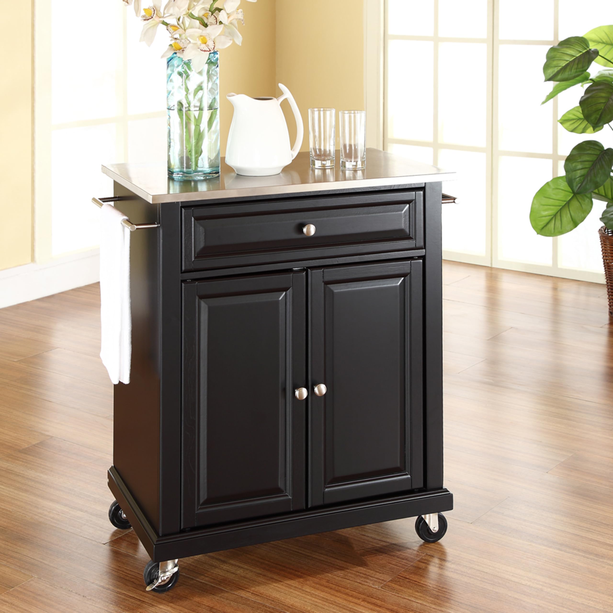 Crosley Black Compact Kitchen Island with Stainless Steel Top - Perfect for Small Kitchens, Apartments & Breakfast Bars