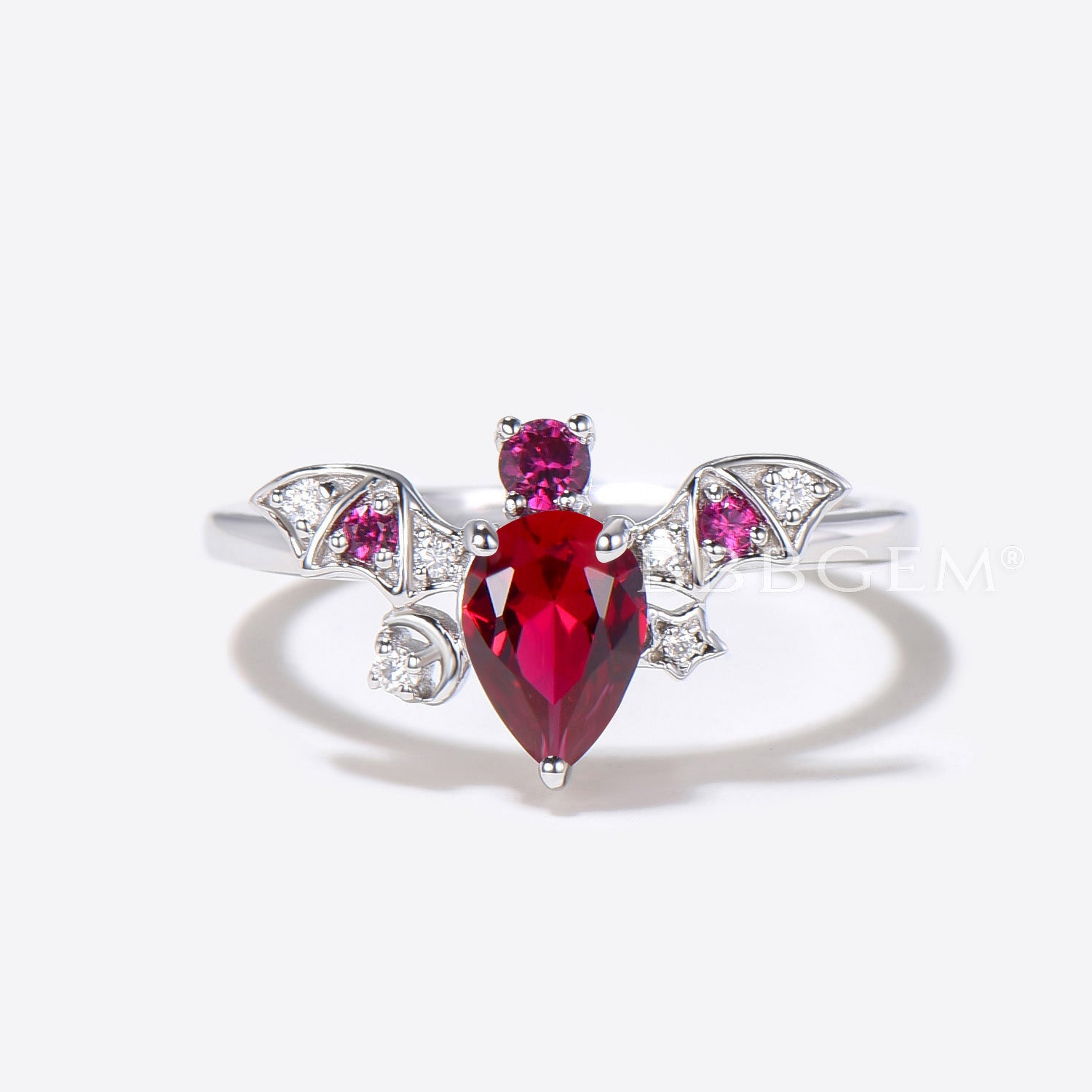 Bat Pear Shaped Red Ruby Engagement Ring - Moon & Star Diamond Wedding Band for Women | Perfect for Proposals, Anniversaries & Romantic Occasions