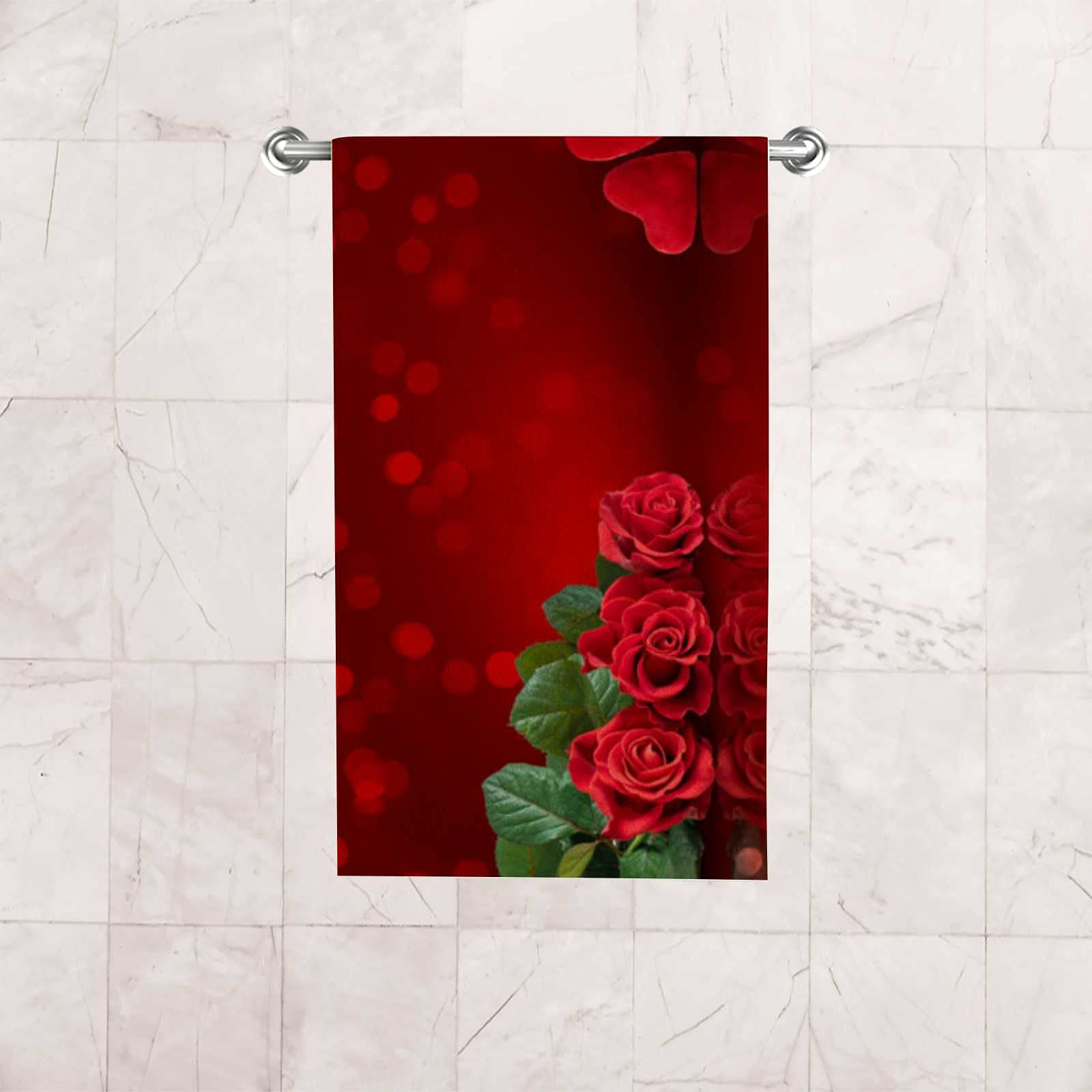Kuizee Microfiber Hand Towel & Face Towel Set (2-Pack) - Valentine's Day Red Roses Heart Design, Quick-Drying, Highly Absorbent, Ultra Soft - 30x15 Inches for Bathroom, Kitchen & Spa Use