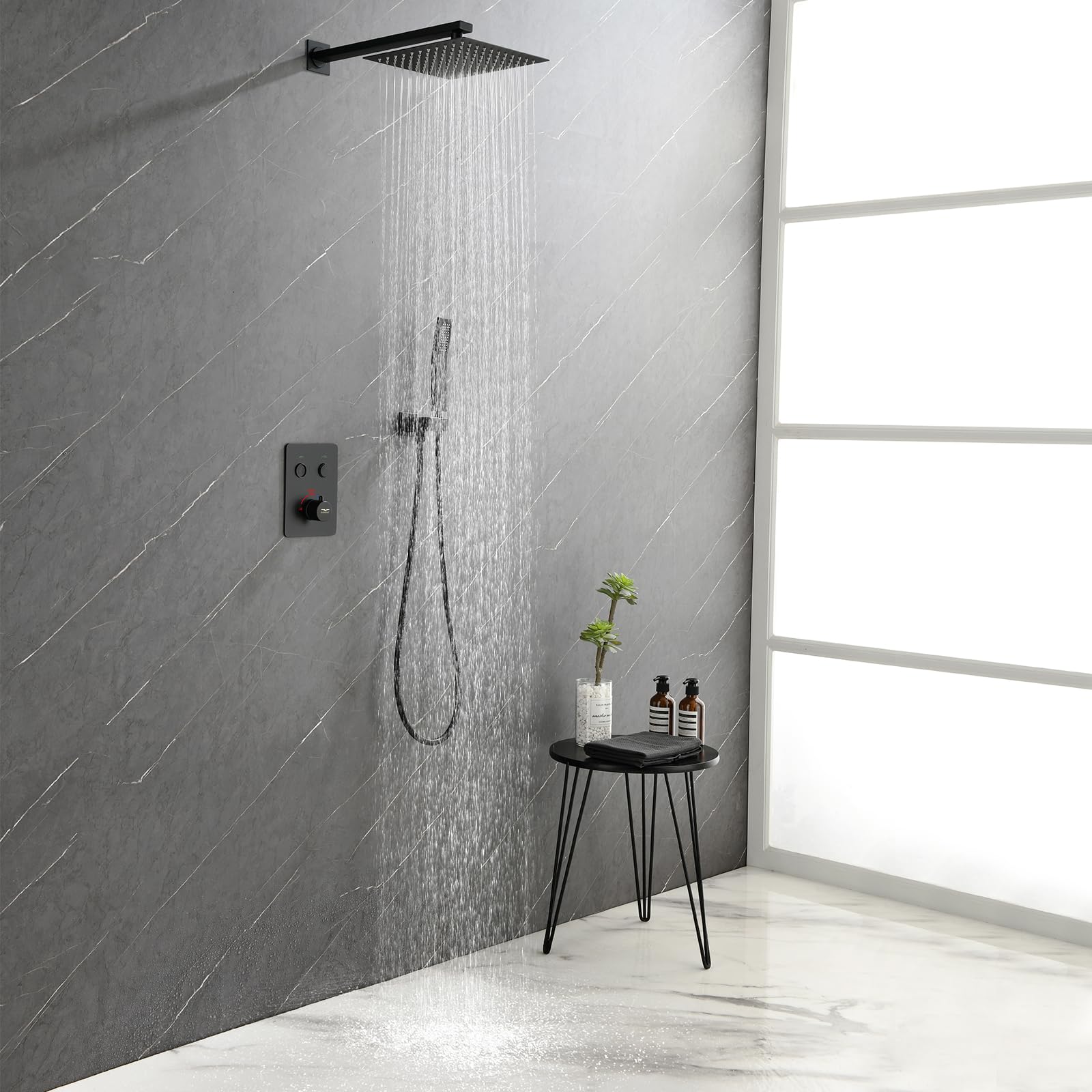 QISHENG Thermostatic Shower Diverter Valve - 2 Way Push Button Shower Valve Kit, Black Wall Mounted Bathroom Fixture for Simultaneous Use | Perfect for Bathroom Renovation & Shower System Upgrade