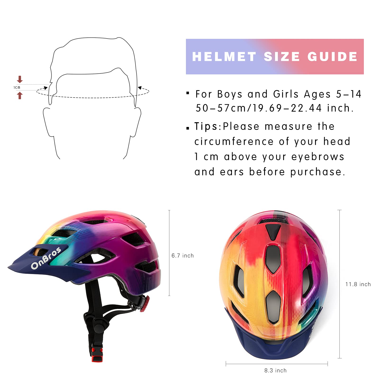 OnBros Kids Bike Helmet for Boys & Girls Ages 5-14 - Adjustable 50-57CM Lightweight Bicycle Helmet with Visor for Cycling, Skateboarding, Scooter & Mountain Biking - Perfect for School, Park & Outdoor Adventures