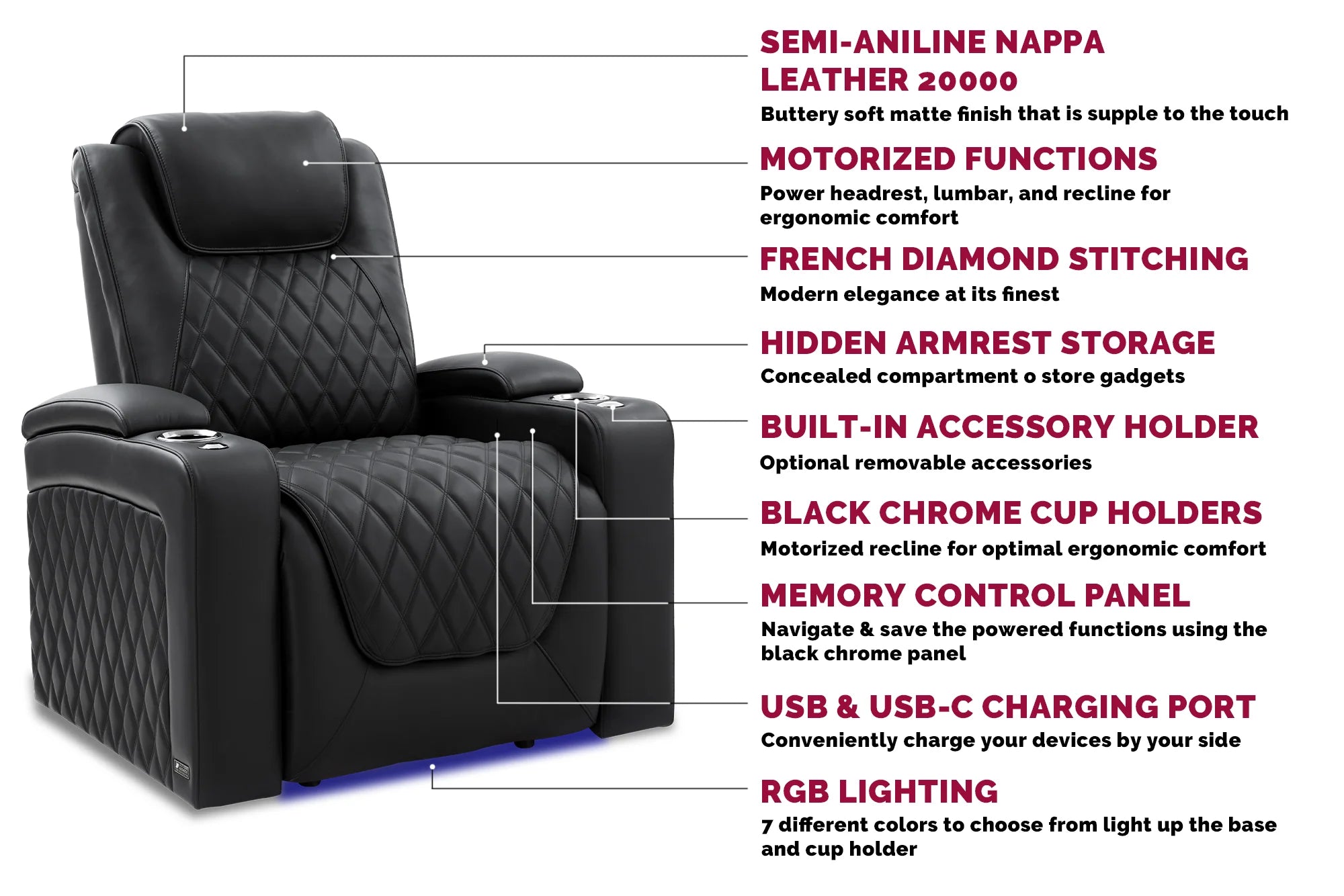 Valencia 2025 New Oslo Luxury Home Theater Seating - 3-Seater Loveseat Right Chaise in Onyx Black | Premium Recliner for Movie Nights & Entertainment Rooms