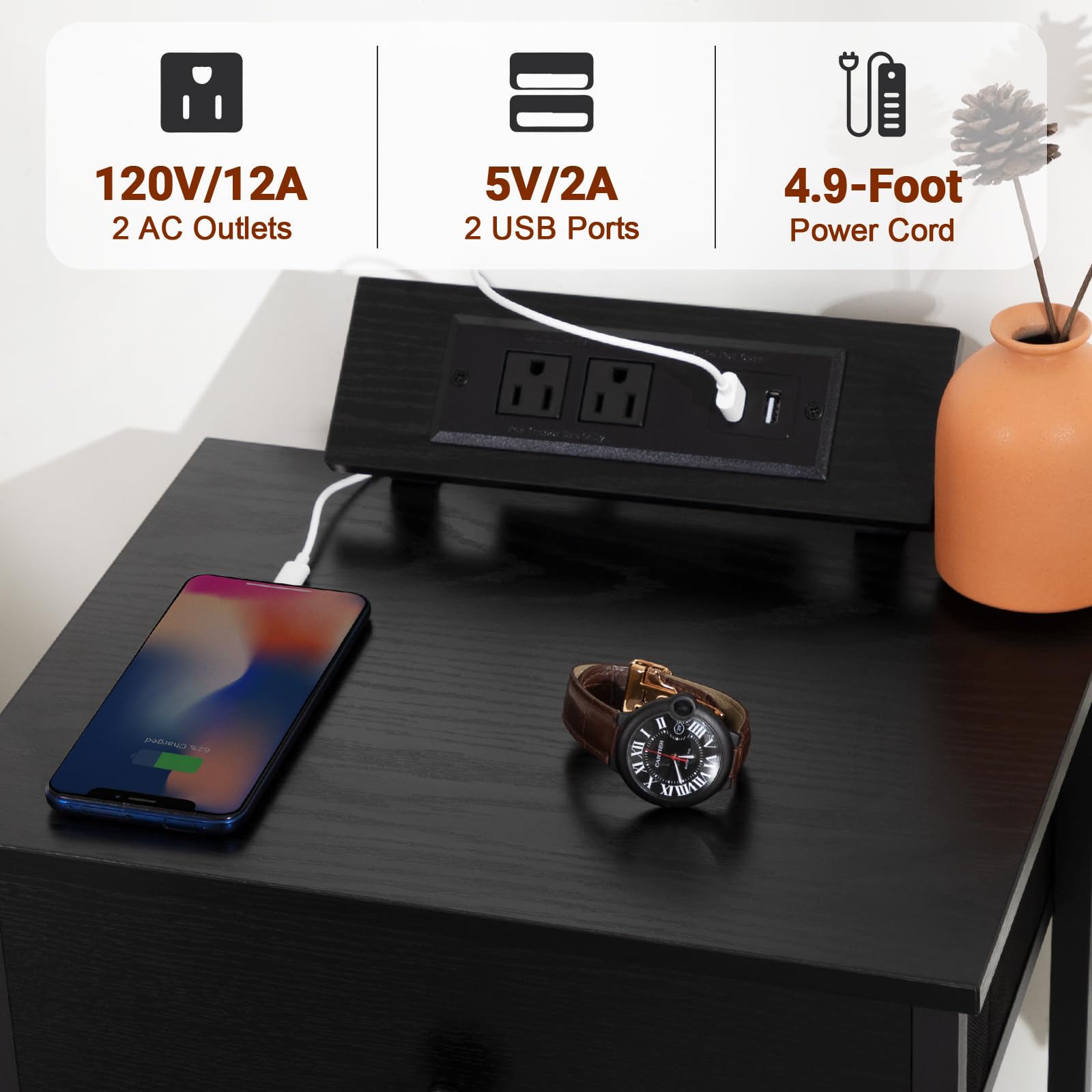 AMHANCIBLE Night Stand Set of 2 - Black Bedside Tables with Charging Station & Fabric Storage Drawer - Slim End Tables for Small Spaces - Perfect for Bedroom, Living Room & Dorm Use