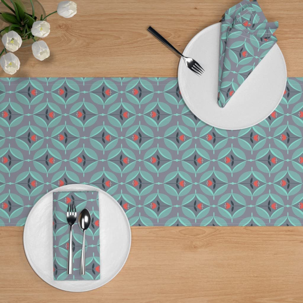 Mod Gray Red Spring Floral Coral Flowers Aqua Blue Tulips Retro Mid Century Minimalist Print Cotton Sateen Table Runner - 90 Inch Custom Table Linens for Dining Room Decor, Wedding Reception, and Holiday Table Setting