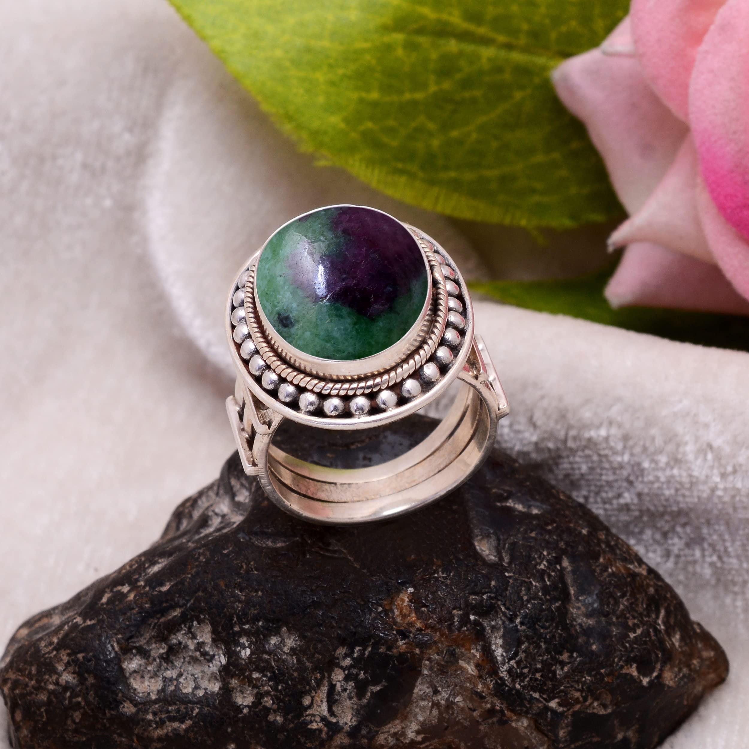 Ruby Zoisite Ring for Women - 925 Sterling Silver Bohemian Jewelry with Green & Red Gemstone - Handmade Trendy Unisex Ring - Perfect for Boho Fashion, Gifts & Everyday Wear - VSR-30