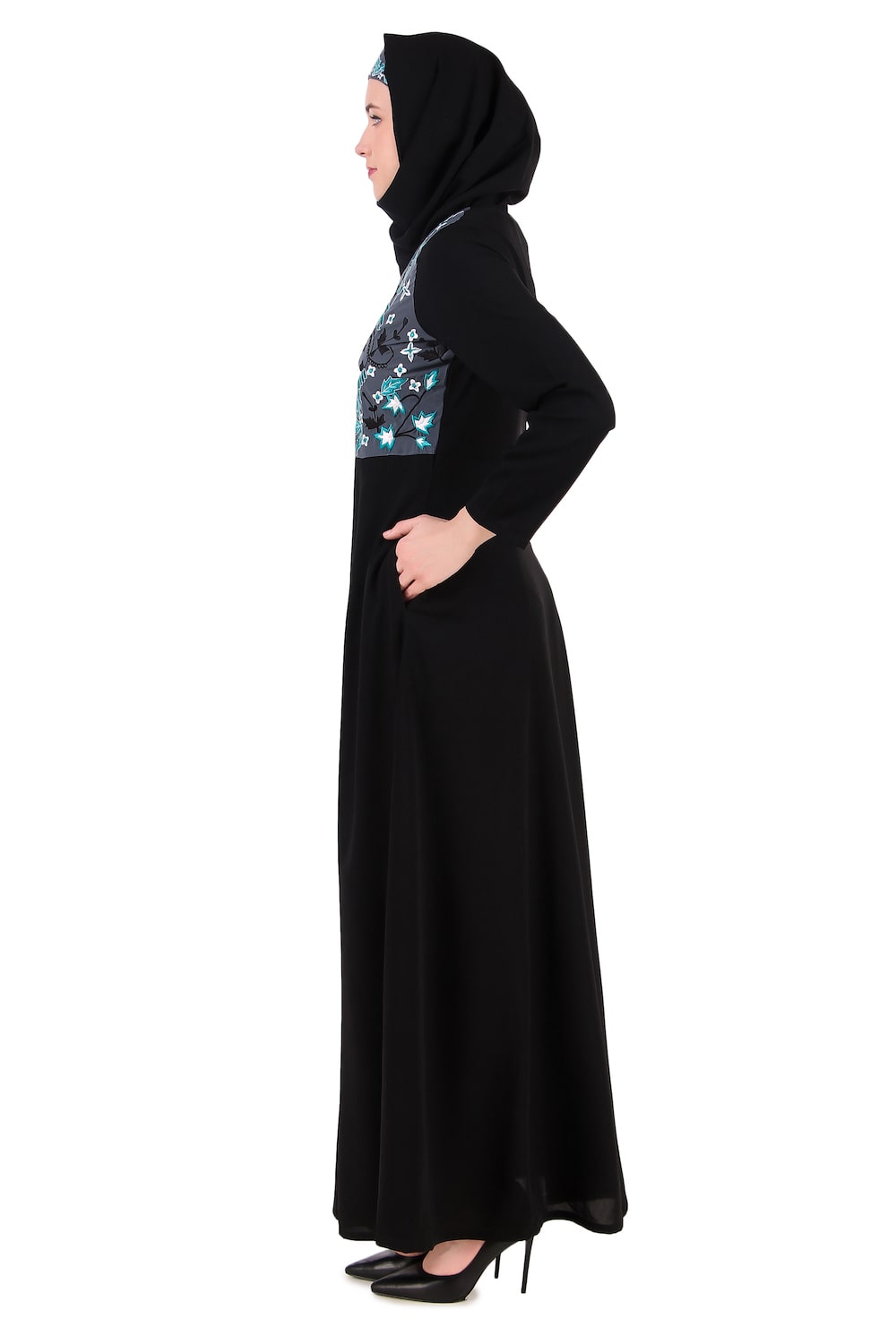 Elegant Floral Embroidered Abaya Dress with Multi-Panel Bodice - Perfect for Eid, Weddings & Special Occasions