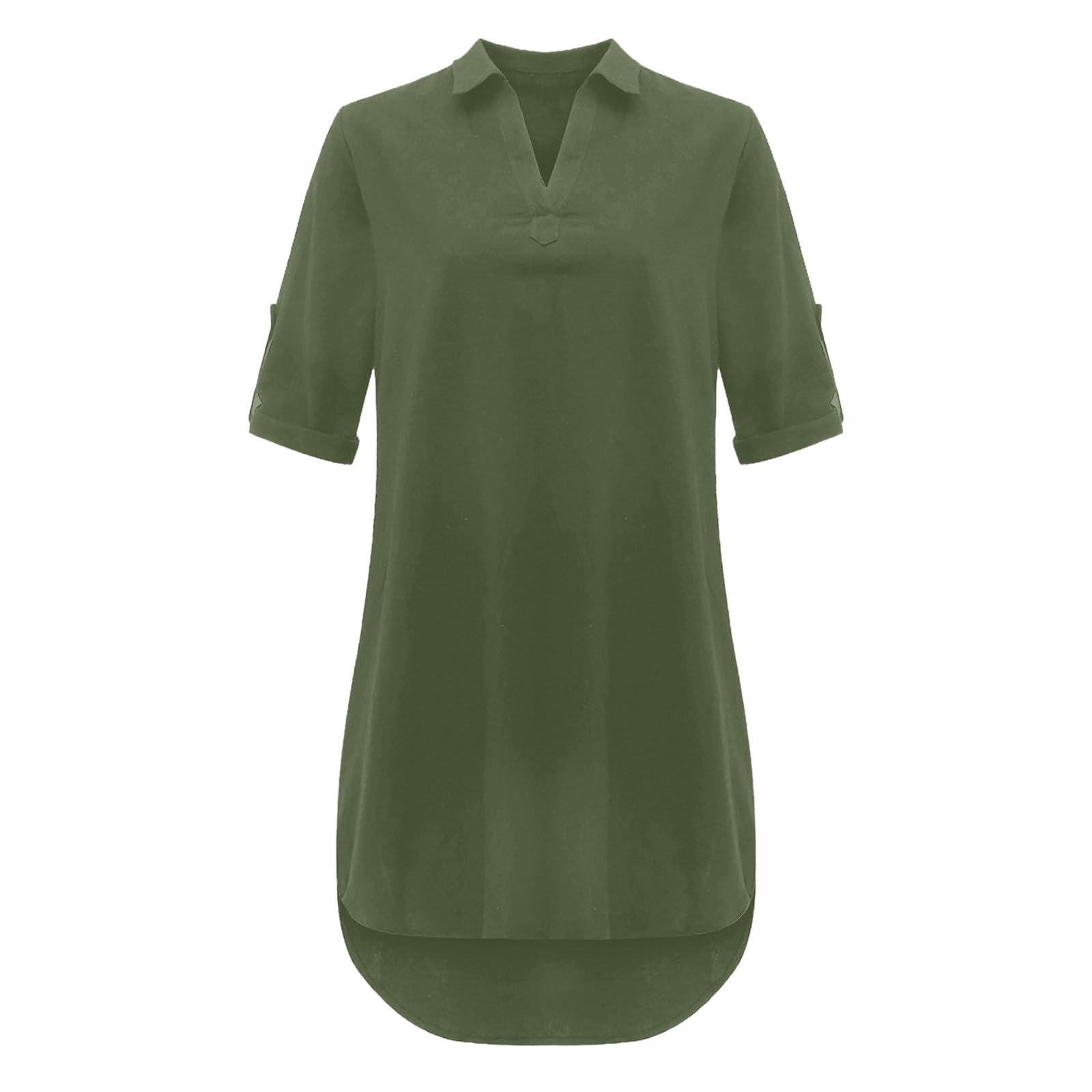 Women's V-Neck 3/4 Sleeve Casual Summer Dress - Loose Fit Comfortable Straight Sundress in Army Green | Perfect for Vacation, Beach, and Everyday Wear