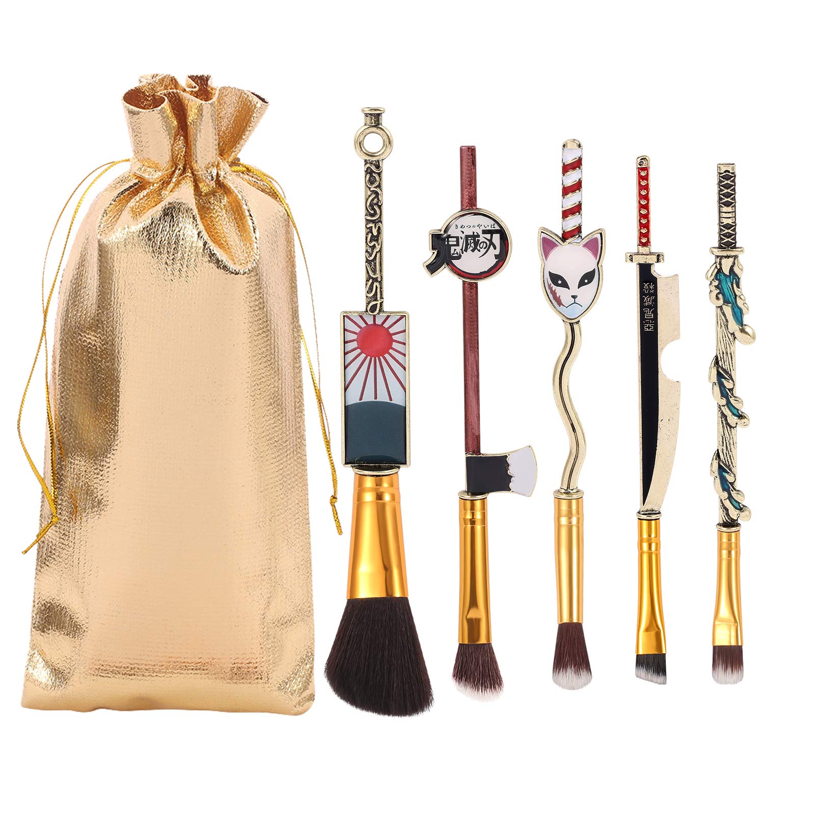 Demon Slayer Anime Makeup Brushes Set - 5pcs Kimetsu no Yaiba Cosplay Brushes with Metal Handle (Nezuko & Tanjiro Design) | Perfect Gift for Anime Fans | Ideal for Cosplay, Halloween & Makeup Artistry