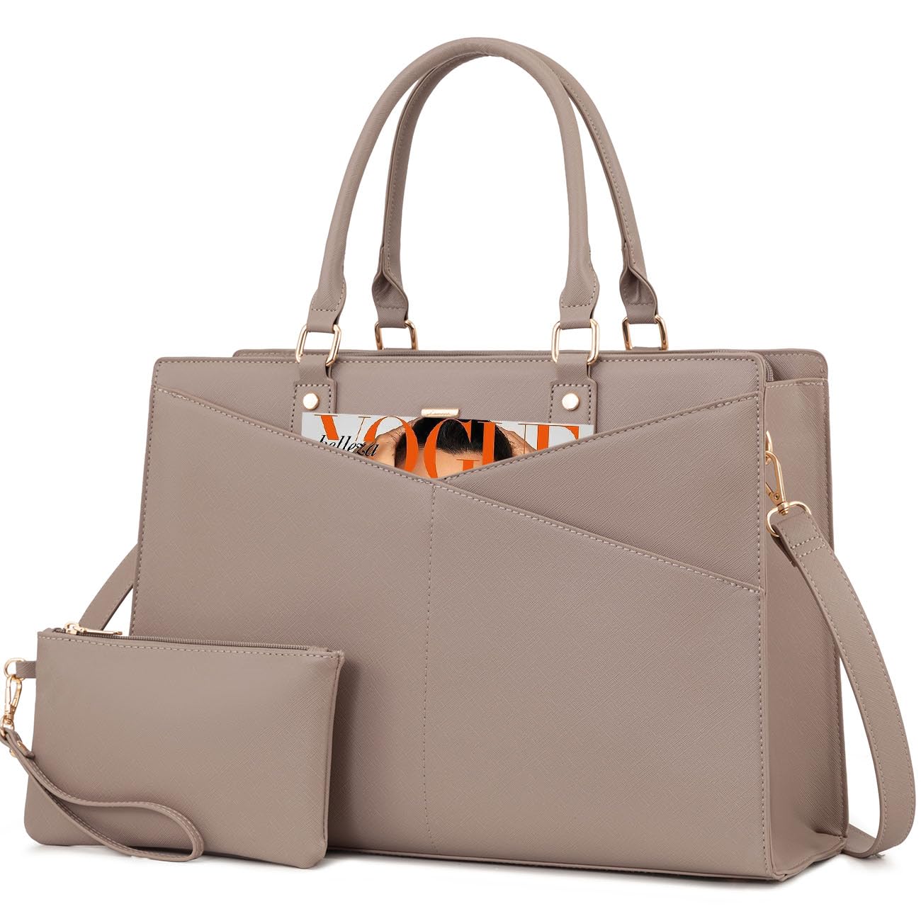 LOVEVOOK Leather Laptop Tote Bag for Women - Professional 15.6 Inch Business Office Work Bag with Small Clutch - Light Khaki - Perfect for Commuting, Business Meetings & Travel