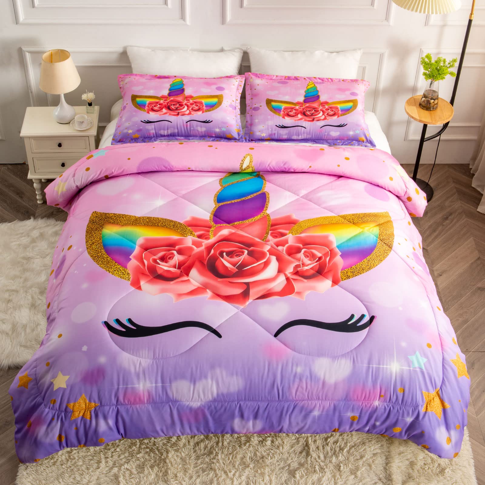 Unicorn Queen Bedding Set for Girls - Ultra Soft Comforter Set with 2 Pillowcases | Machine Washable Kids Bedroom Decor | Perfect for Toddler Rooms, Sleepovers & Princess Themed Bedrooms