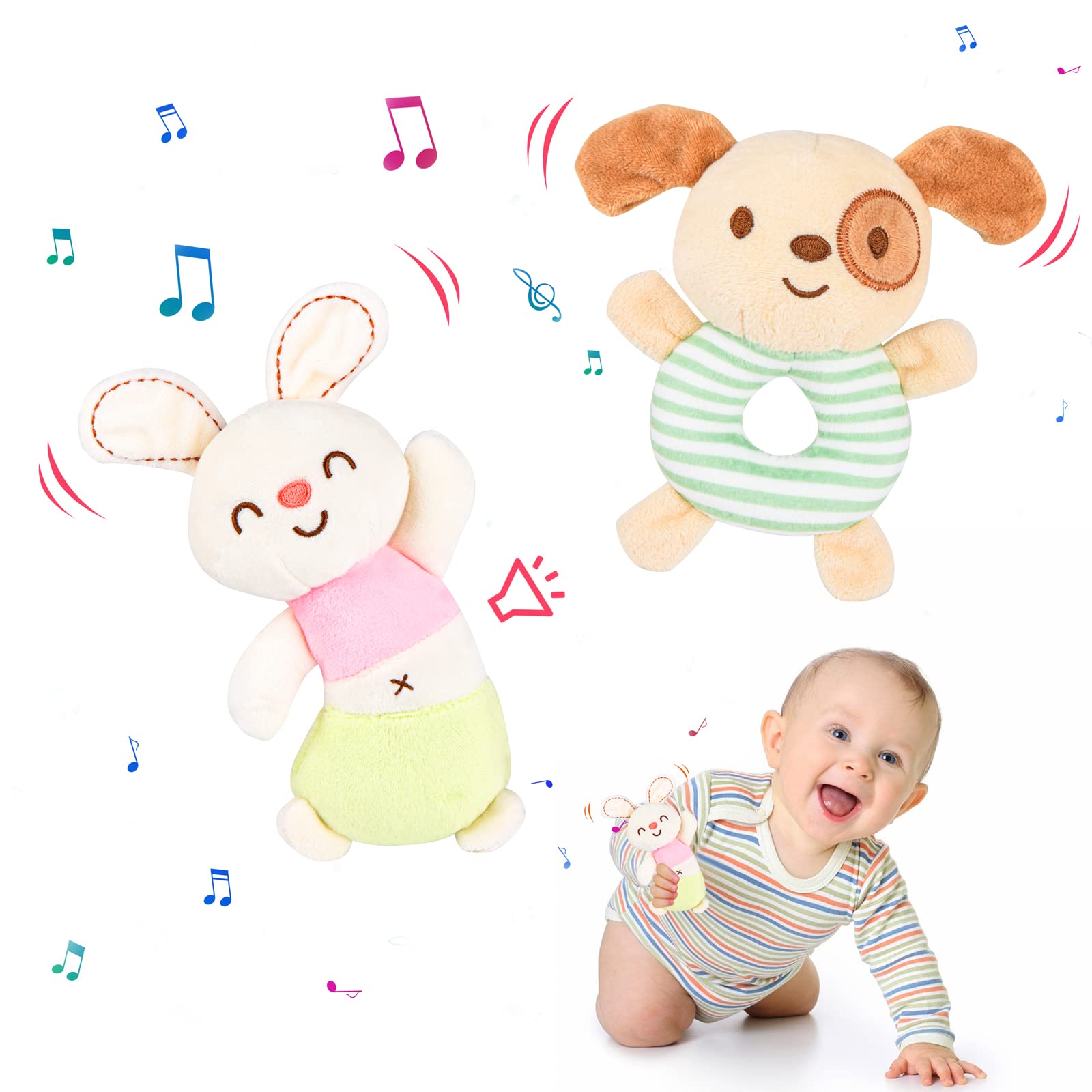 Soft Baby Rattles 0-6 Months - 2PCS Plush Stuffed Animal Toys for Newborn Brain Development | Infant Sensory Toys for Boys & Girls | Perfect for Tummy Time, Stroller & Crib Play