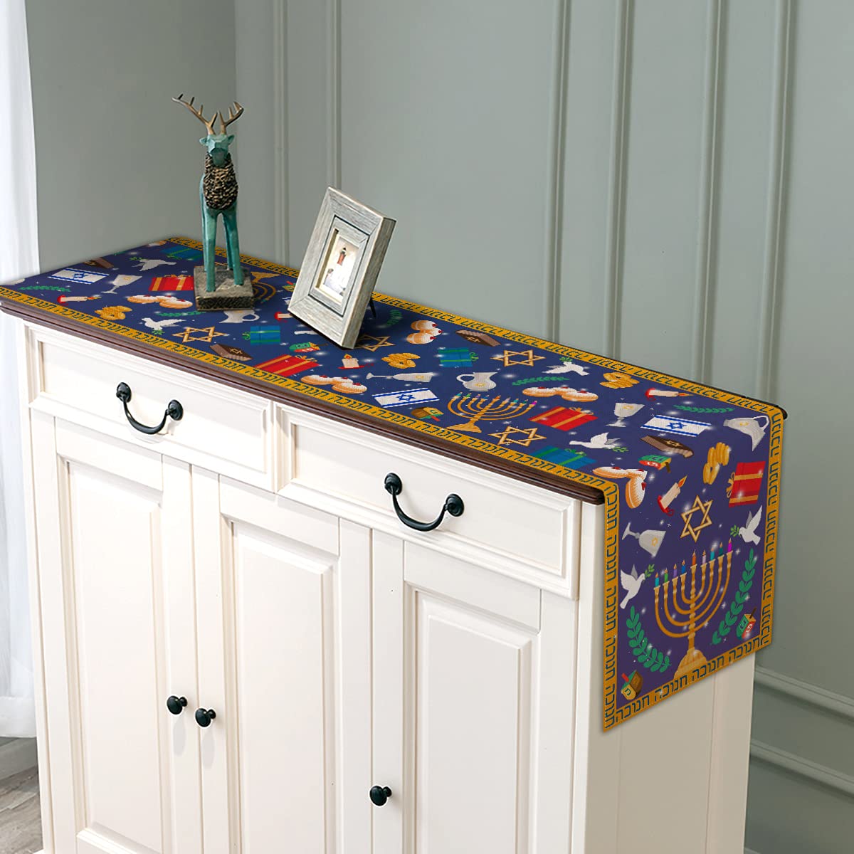 Linen Hanukkah Table Runner with Hebrew Menorah & Star of David - 13x72'' Jewish Chanukah Decor for Kitchen, Dining Room, and Holiday Celebrations