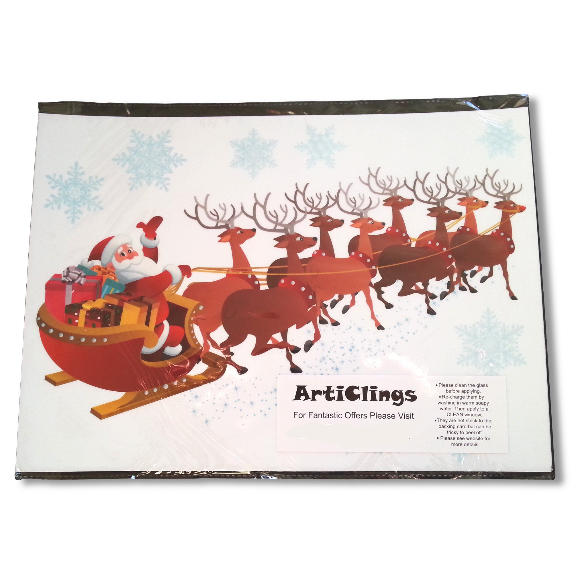 Santa on Sleigh Window Cling with 36 Snowflake Stickers - Easy Christmas Decorations - Glueless Vinyl Decals for Windows, Doors & Glass - Holiday Home Decor & Party Supplies