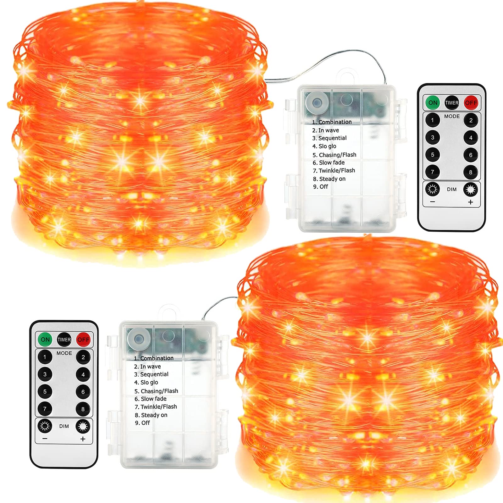 LYHOPE Orange Halloween Lights - 2 Pack 33ft 100 LED Battery Operated String Lights with Remote, Waterproof 8 Modes Copper Wire for Halloween Party, Carnival, Holiday Decorations - Perfect for Indoor/Outdoor Home, Yard, and Event Decor