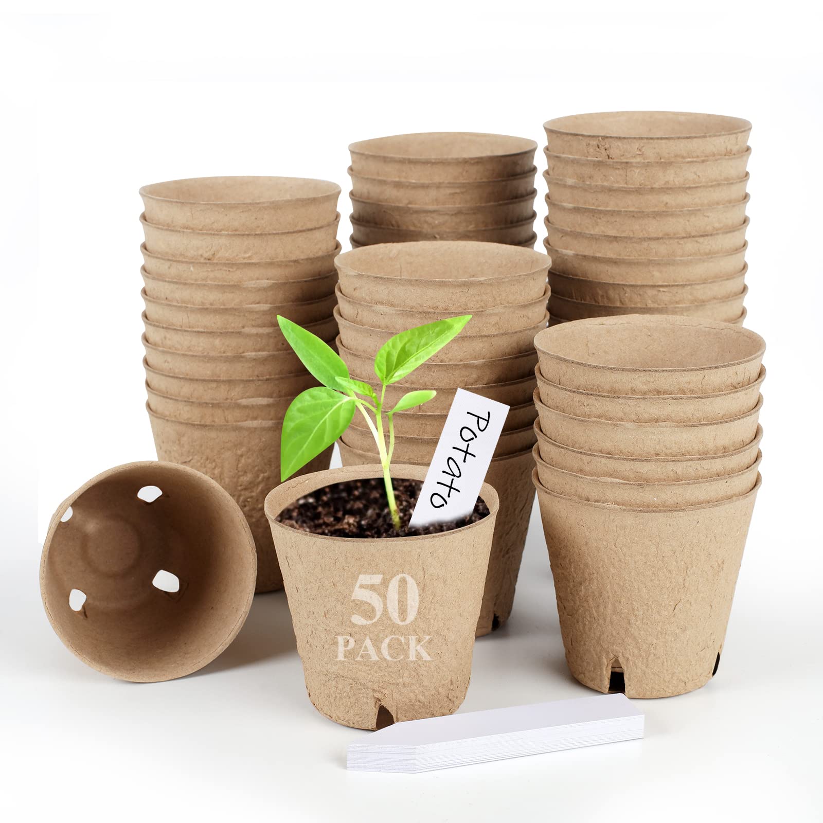 50PCS 3.15 Inch Biodegradable Peat Pots for Seed Starting - Round Nursery Pots with Drainage Holes + 20 Free Plant Labels | Ideal for Indoor Gardening, Herb Growing & Vegetable Seedlings