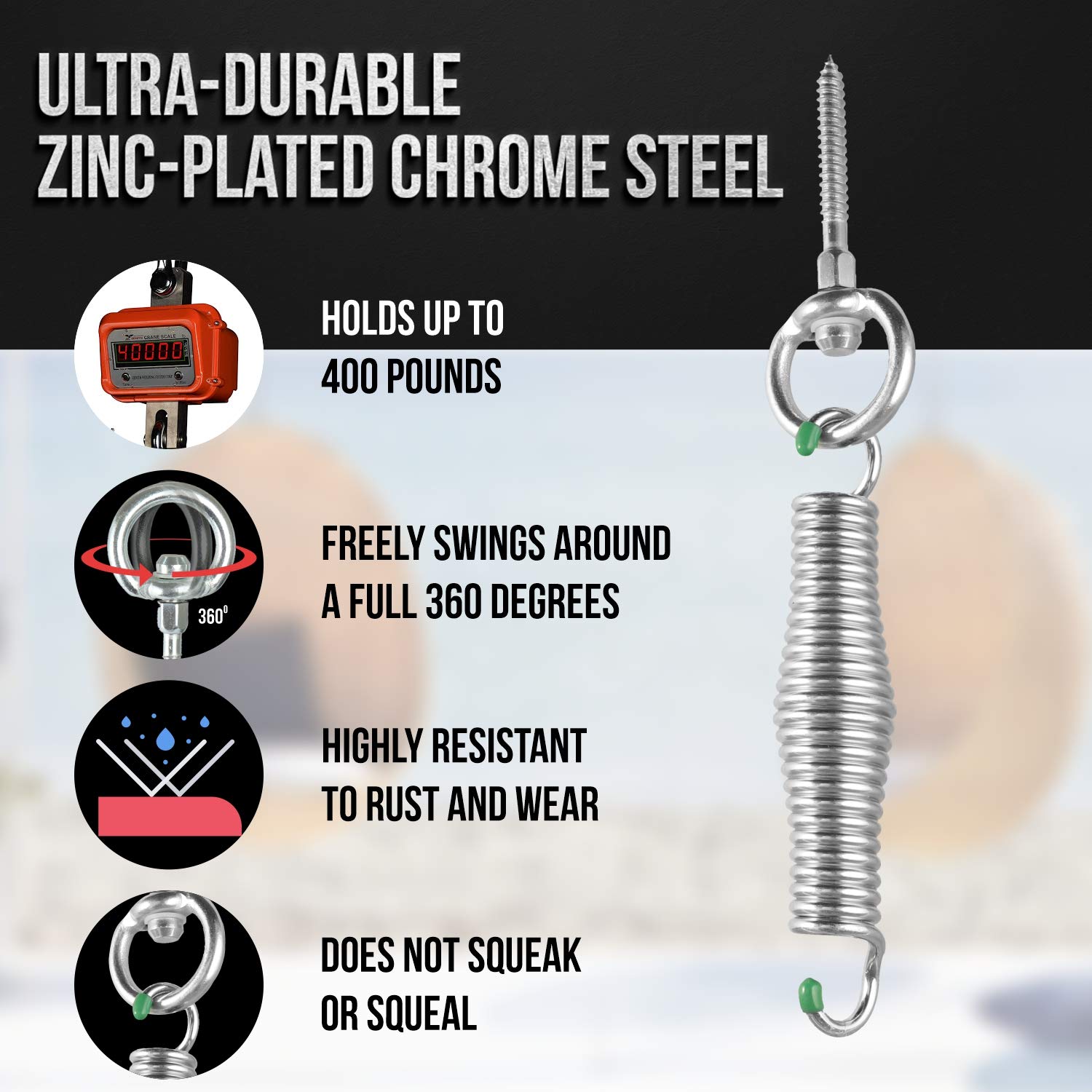 360° Swivel Hanging Chair Kit - Heavy Duty Ceiling Mount with Squeak-Free Springs for Indoor/Outdoor Use - Supports 400 lbs - Perfect for Patio, Garden, Bedroom & Relaxation Spaces