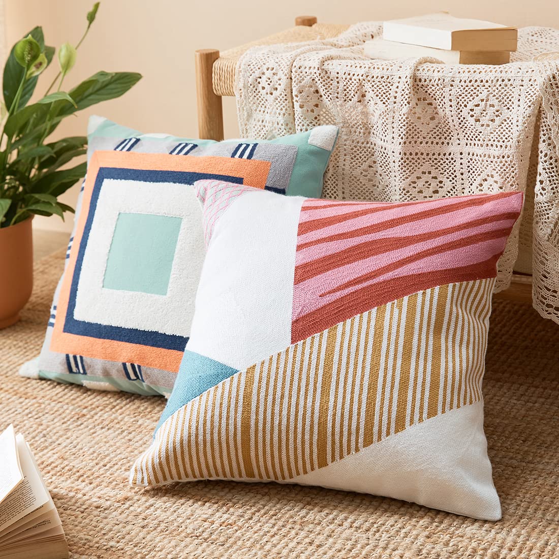 Boho Geometric Tufted Decorative Throw Pillow Cover - Farmhouse Cotton Embroidery Accent Square Cushion Case for Couch, Sofa & Bed (18