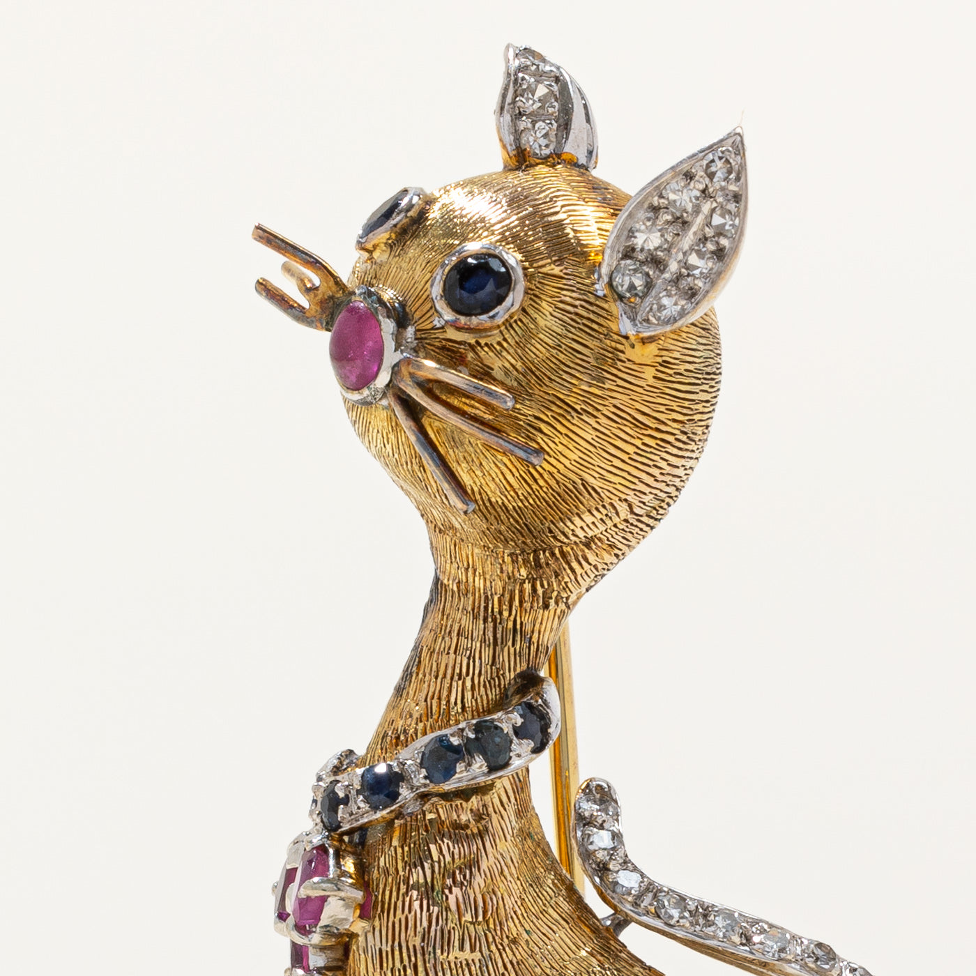 Vintage Diamond, Sapphire & Ruby Cat Brooch - 1.17ctw Elegant Jewelry - Perfect for Women's Fashion, Gift Giving & Special Occasions