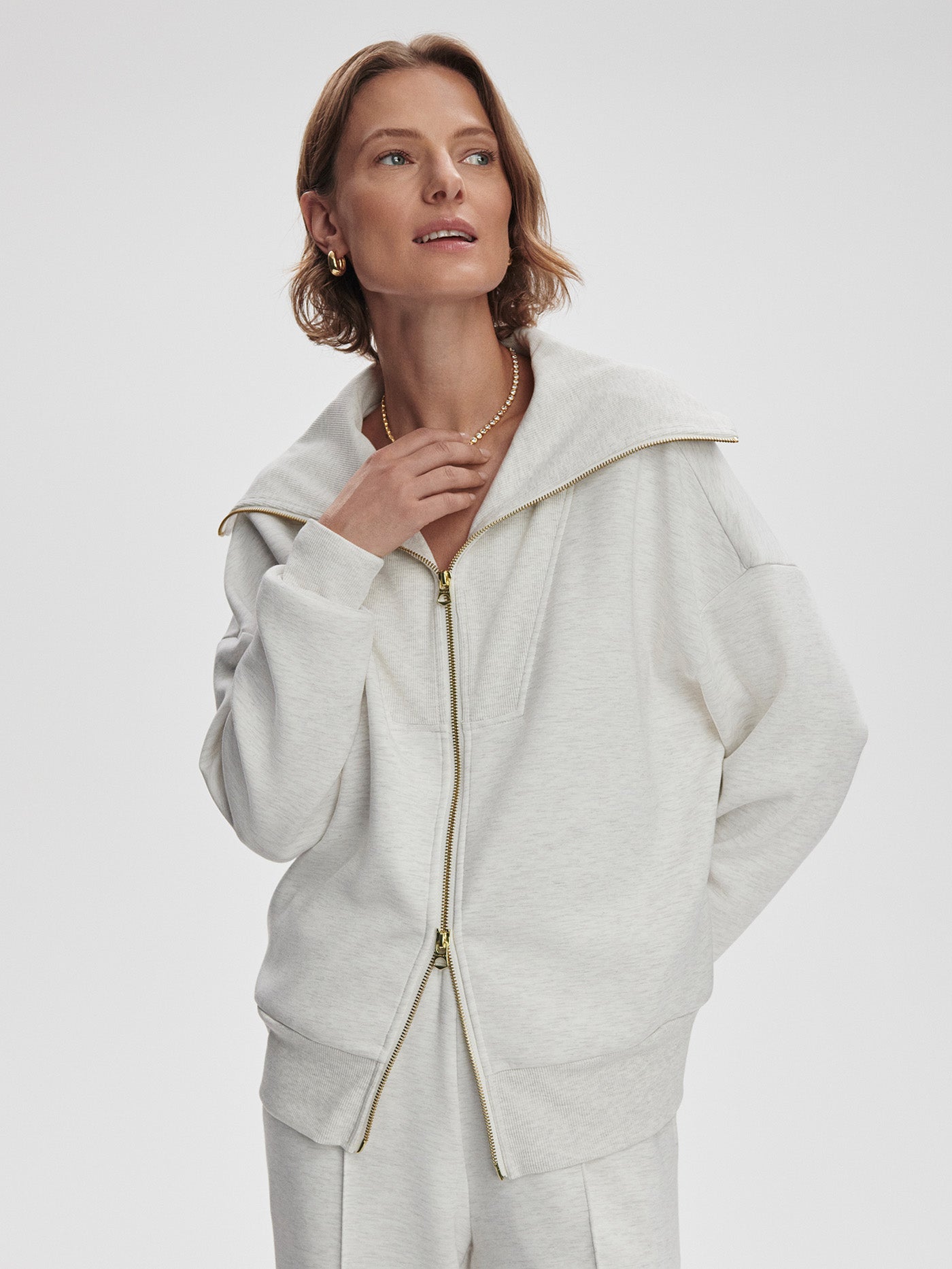 Varley Halley Zip Through Sweatshirt - Ivory Marl Color | Women's Casual Pullover Hoodie for Yoga, Running & Lounge Wear