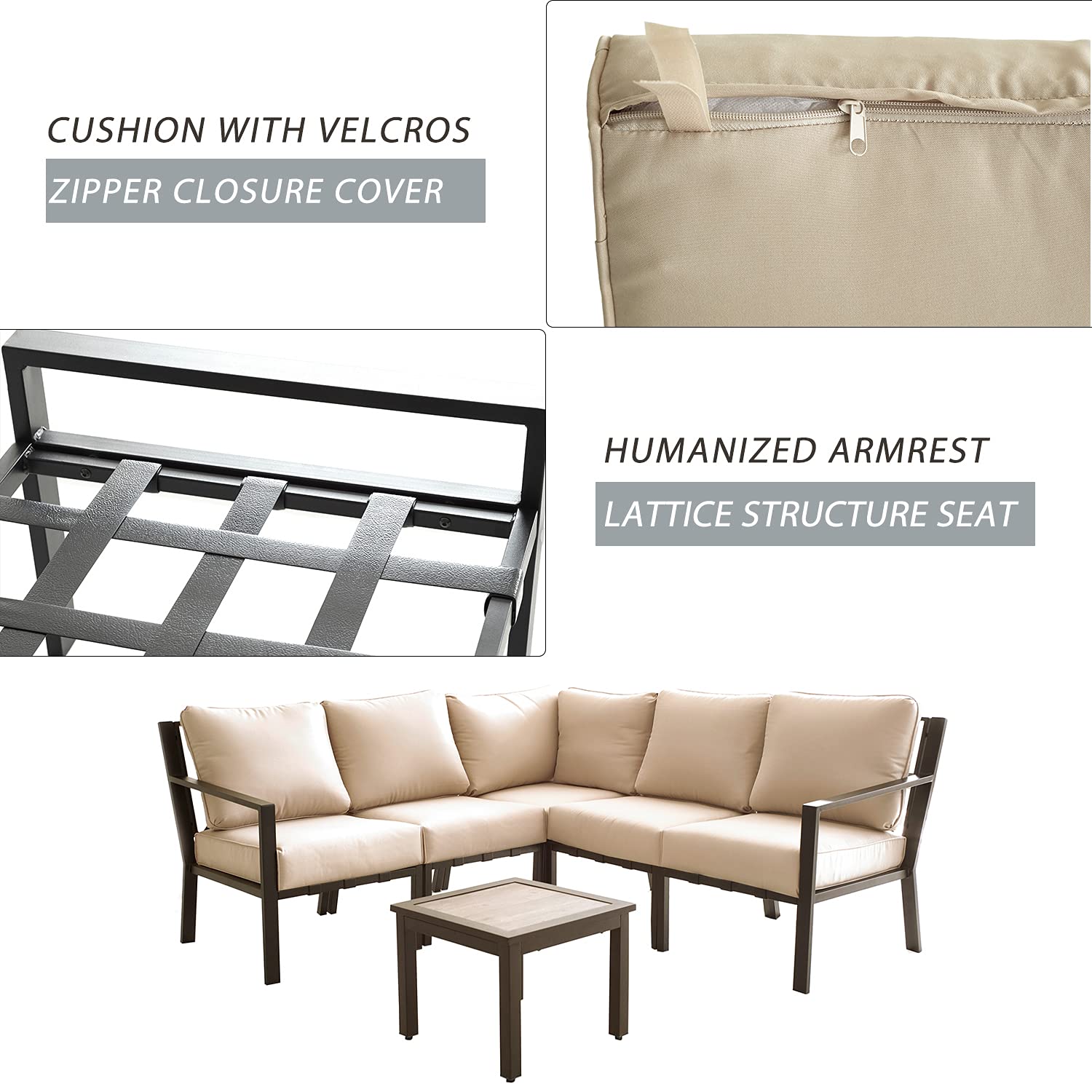 Festival Depot 6-Piece Outdoor Patio Furniture Set - All-Weather Black Wicker Sectional Sofa with Square Coffee Table & Removable Cushions (Beige) - Perfect for Backyard, Garden, Poolside & Outdoor Entertaining