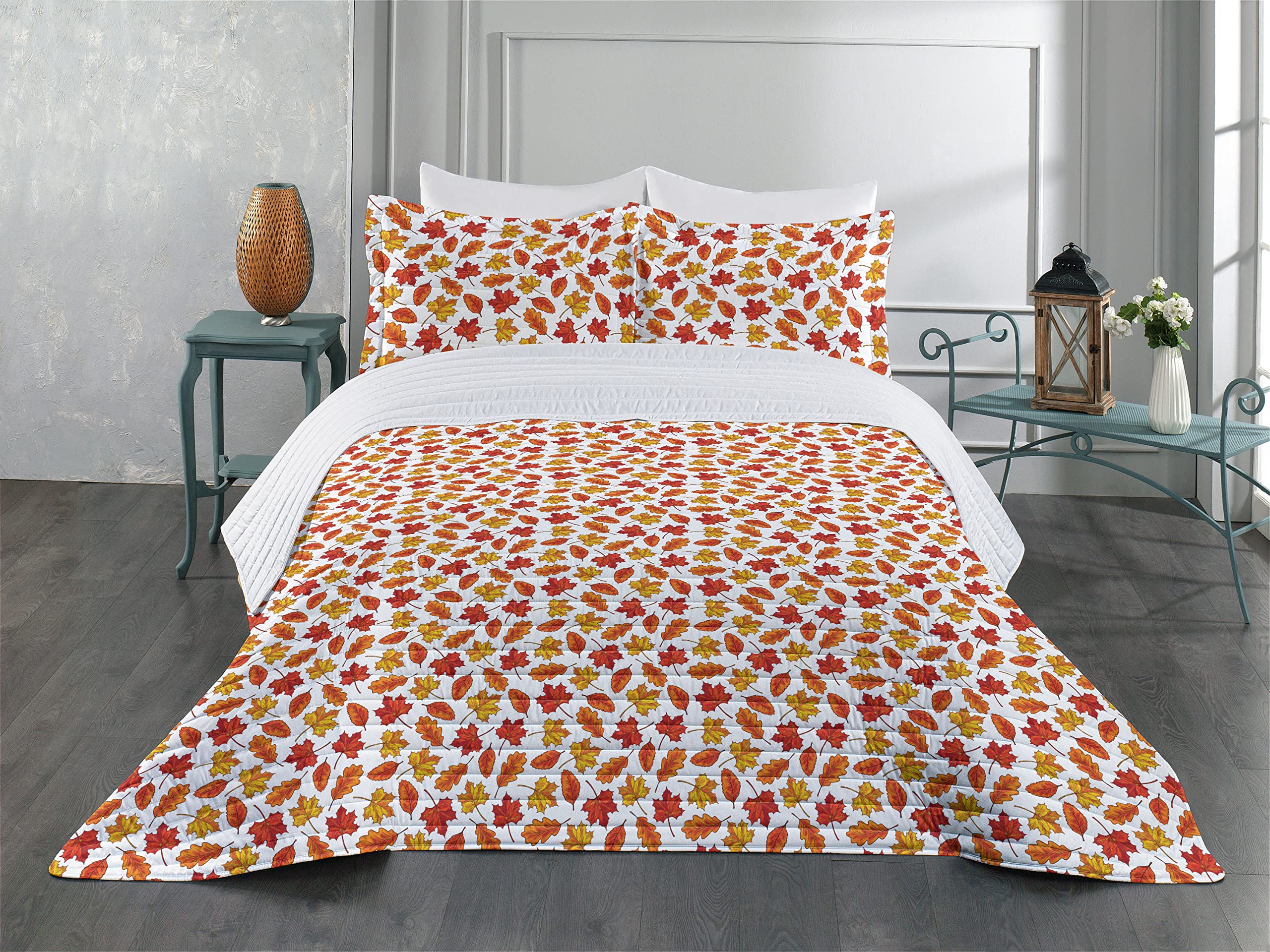 Ambesonne Maple Leaf Microfiber Bedspread Set - King Size Eco-Friendly Forest Silhouette Design in White Burgundy Yellow | Soft Comforter with Pillow Shams | Perfect for Fall Season Bedroom Decor & Cozy Autumn Nights