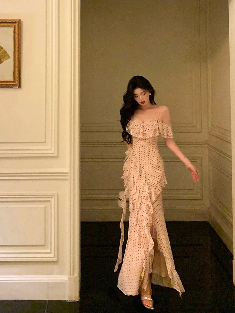 Elegant Dots Chiffon Evening Dress with Ruffles & High Slit - Formal Prom Gown J6178 for Special Occasions & Red Carpet Events