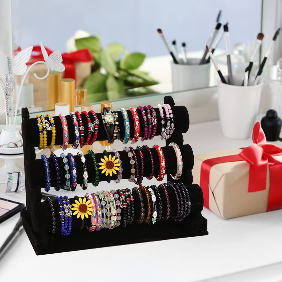 3-Tier Black Velvet Jewelry Display Stand - Forever Lover Bracelet Holder with Detachable Rack for Necklaces, Bangles, Watches & Hair Accessories | Perfect for Vendor Booths, Boutique Displays & Home Organization