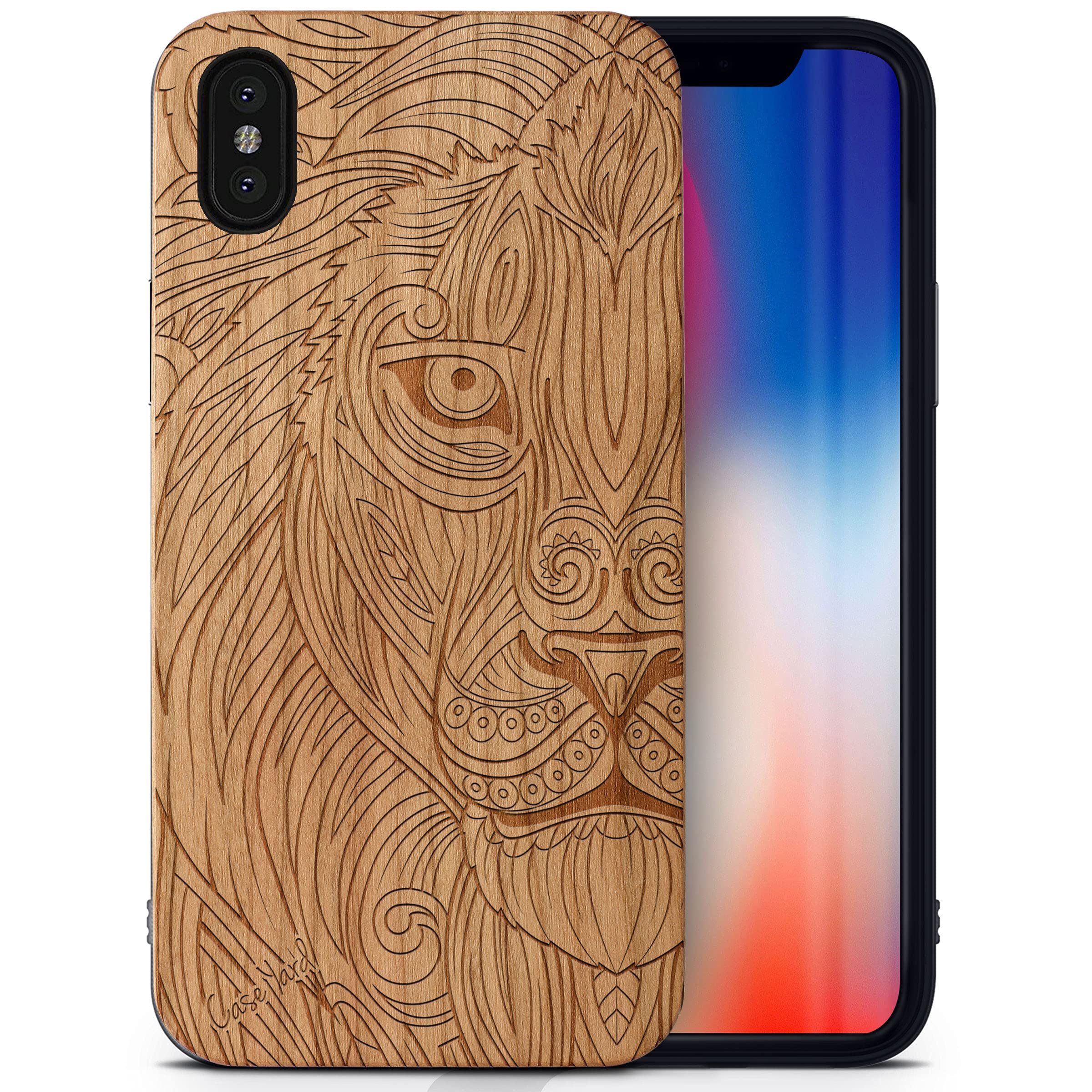 CaseYard Cherry Wood Phone Case for iPhone X - Laser Engraved Greek Lion Design | Slim Fit Shockproof Protective Cover for Men & Women | Perfect for Outdoor Adventures & Daily Use