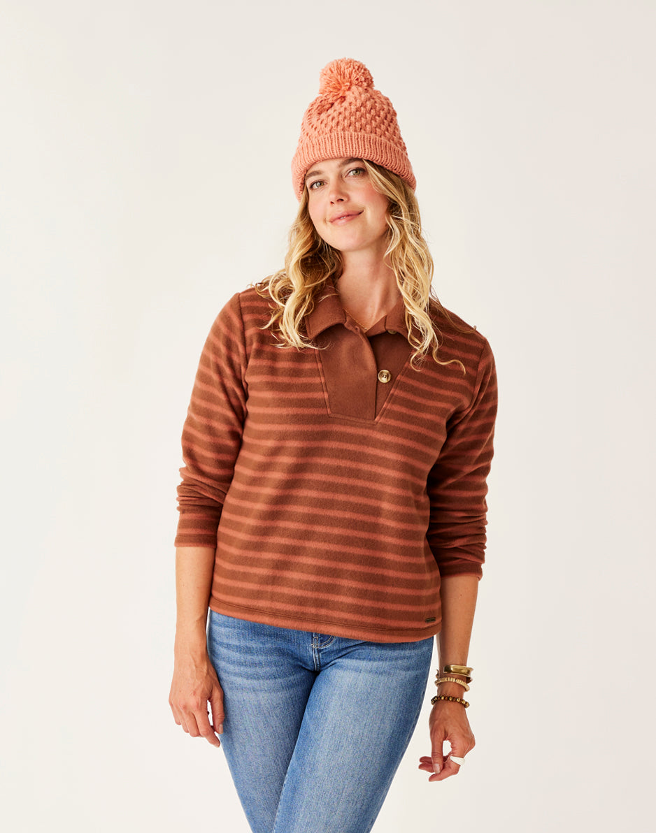 Clara Fleece Pullover Sweater - Soft Warm Chocolate Striped Womens Pullover for Casual Outfits & Winter Layering