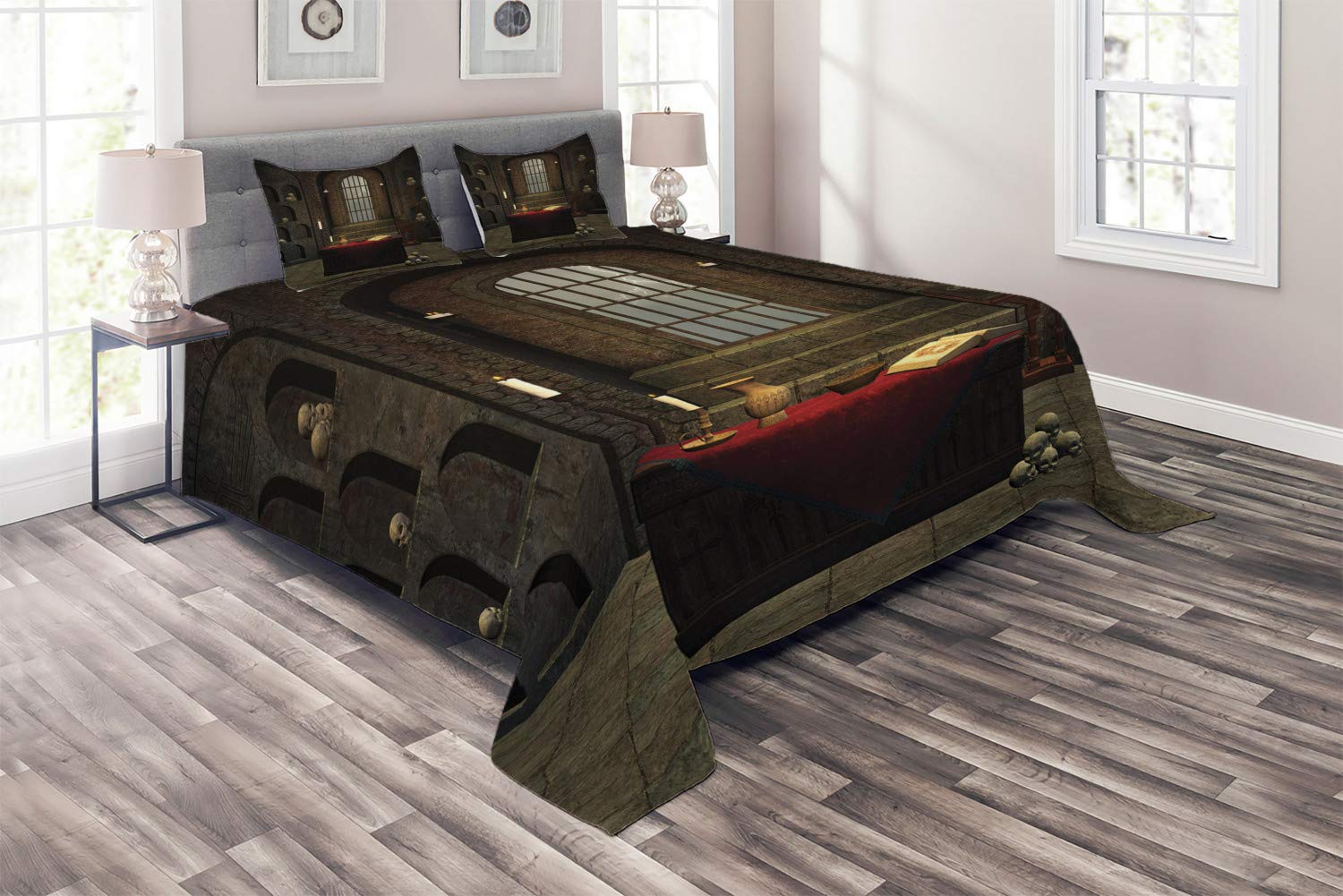 Ambesonne Gothic Bedspread Set - 3 Piece Quilted Coverlet with 2 Pillow Shams, King Size, Red Brown - Fantasy Witch & Warlock Spell Casting Design with Skulls & Candles - Perfect for Halloween Decor, Gothic Bedroom Theme & Dark Aesthetic Home Styling